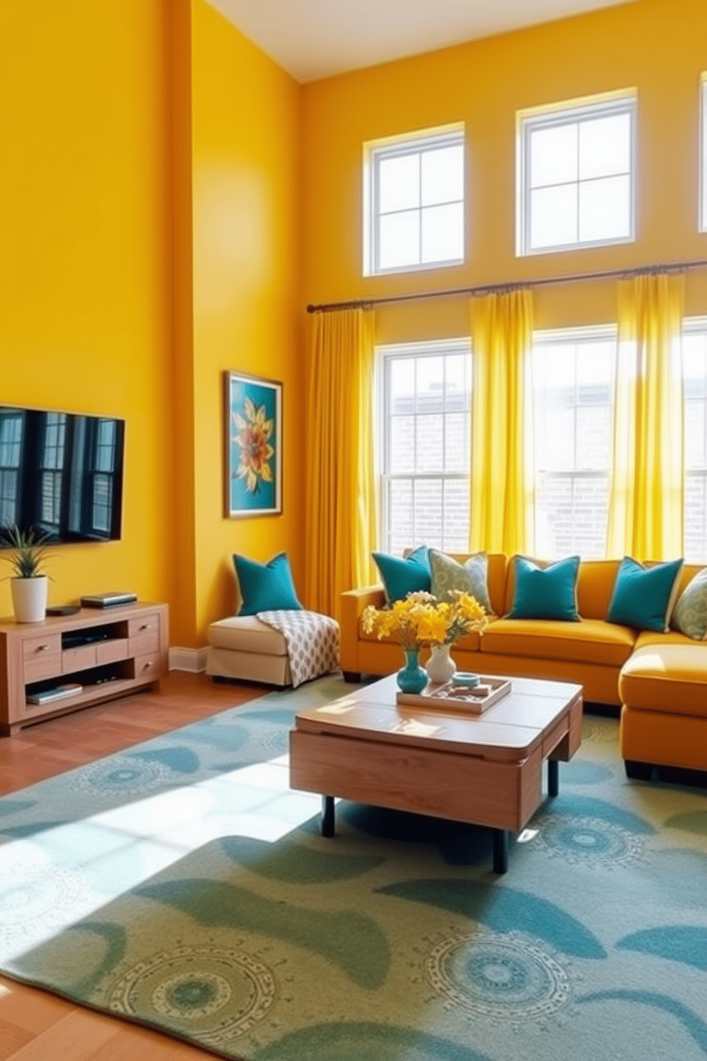 A vibrant family room featuring a striking contrast of yellow and teal. The walls are painted a warm yellow, complemented by teal accent pillows on a plush sectional sofa. A large area rug in shades of teal anchors the space, while a sleek coffee table in a natural wood finish sits in the center. Bright yellow curtains frame the windows, allowing natural light to fill the room and enhance the lively atmosphere.