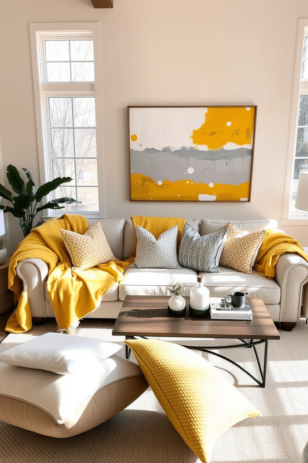 A cozy family room featuring a plush couch adorned with layered yellow blankets, creating a warm and inviting atmosphere. The walls are painted in a soft cream color, complemented by a large abstract painting that incorporates shades of yellow and gray. Natural light floods the space through large windows, enhancing the cheerful ambiance. A stylish coffee table sits in front of the couch, surrounded by decorative pillows in varying patterns and textures that add depth to the design.