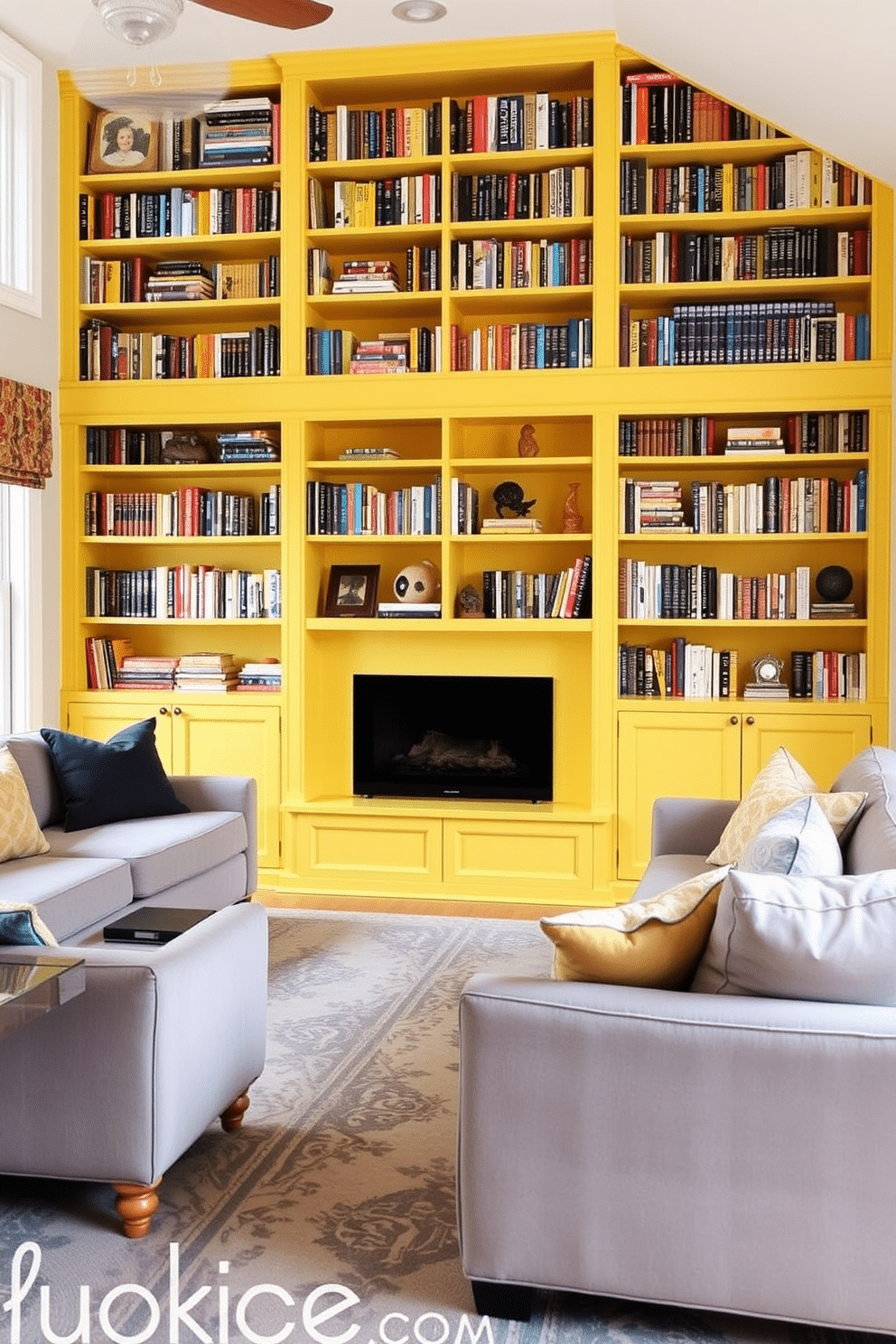 A vibrant family room featuring yellow bookshelves brimming with colorful books, creating a cheerful and inviting atmosphere. The room is accented with plush seating in soft gray tones, complemented by a large area rug that ties the space together.