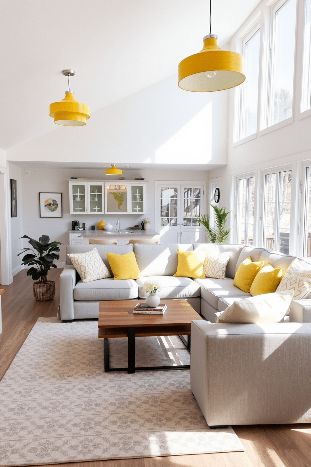 A bright and inviting family room filled with natural light. The space features a cozy sectional sofa in soft gray fabric, adorned with vibrant yellow and white throw pillows. Yellow pendant lights hang from the ceiling, casting a cheerful glow throughout the room. A large area rug with a geometric pattern anchors the seating area, while a wooden coffee table adds warmth and functionality.