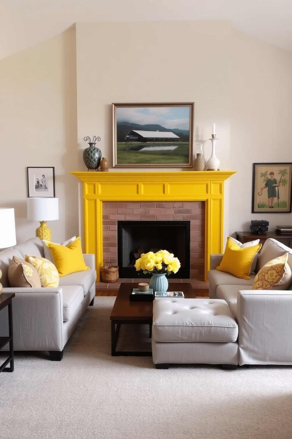 A vibrant family room featuring a painted yellow fireplace mantel that serves as a striking focal point. The walls are adorned with soft, neutral tones, allowing the yellow to pop while creating a warm and inviting atmosphere. Cozy seating arrangements include a plush sectional sofa in light gray, complemented by colorful throw pillows that echo the yellow accents. A large area rug with geometric patterns anchors the space, adding texture and comfort underfoot.