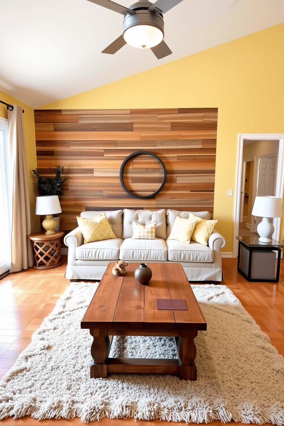 A cozy family room featuring a warm yellow color palette combined with natural wood elements. The walls are painted a soft butter yellow, while a reclaimed wood accent wall adds texture and warmth to the space. In the center, a large beige sectional sofa is adorned with yellow and white patterned throw pillows. A rustic wooden coffee table sits atop a plush area rug, creating an inviting gathering spot for family and friends.