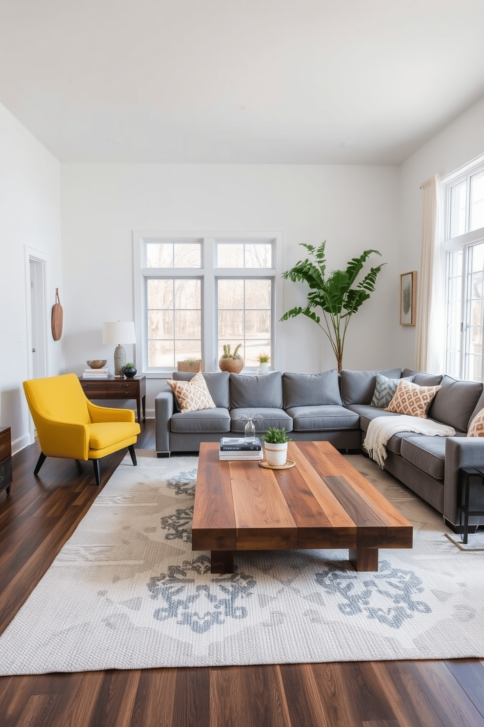 A bold yellow accent chair stands out in a cozy family room, paired with a plush gray sectional sofa that invites relaxation. The walls are painted in a soft white, allowing the vibrant yellow to pop, while a large area rug in neutral tones anchors the space. A stylish coffee table made of reclaimed wood sits at the center, adorned with a few decorative books and a small potted plant. Floor-to-ceiling windows let in ample natural light, enhancing the cheerful atmosphere of the room.