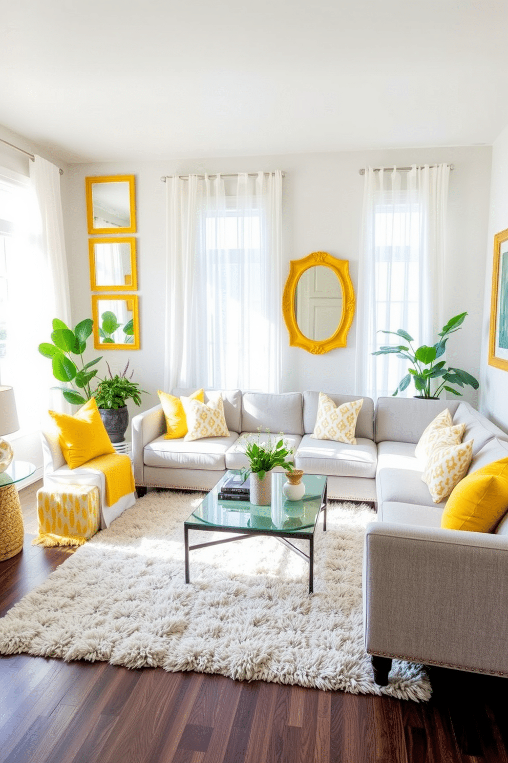 A bright family room featuring yellow framed mirrors strategically placed to reflect light and enhance the space's warmth. The room is adorned with a comfortable sectional sofa in soft gray, complemented by vibrant yellow and white throw pillows. Natural light pours in through large windows dressed with sheer white curtains, creating an airy atmosphere. A stylish coffee table sits in the center, surrounded by a plush area rug that ties the color scheme together, while a few potted plants add a touch of greenery.