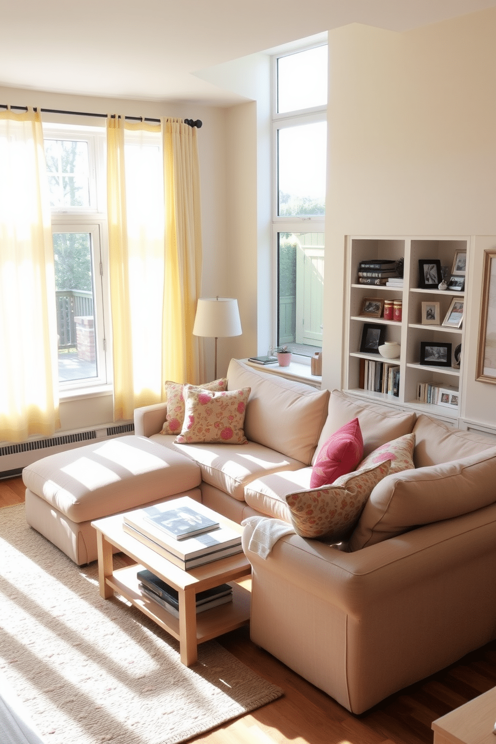 A cozy family room with soft pastel yellow curtains that gently filter the sunlight, creating a warm and inviting atmosphere. The room features a plush beige sectional sofa adorned with colorful throw pillows, complemented by a light wooden coffee table and a soft area rug beneath. Against one wall, a built-in bookshelf showcases family photos and decorative accents, while a large window provides a view of the garden outside. The walls are painted in a soft cream color, enhancing the room's brightness and airy feel.