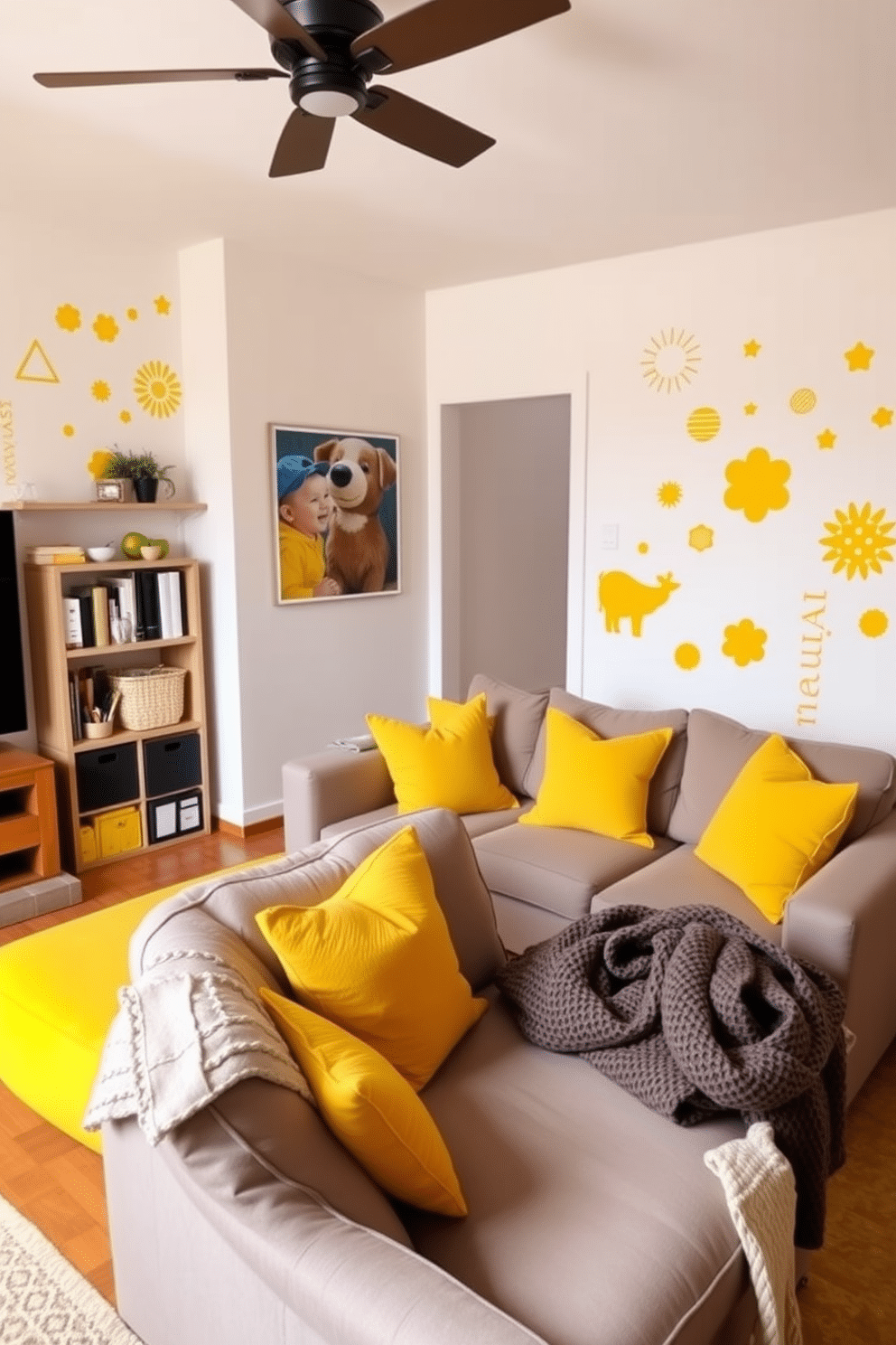 A vibrant family room filled with warmth and energy. The walls are adorned with cheerful yellow decorative wall decals featuring playful patterns and shapes. A plush sectional sofa in a soft gray complements the lively decor. Bright yellow throw pillows and a cozy knitted blanket add a pop of color and comfort.