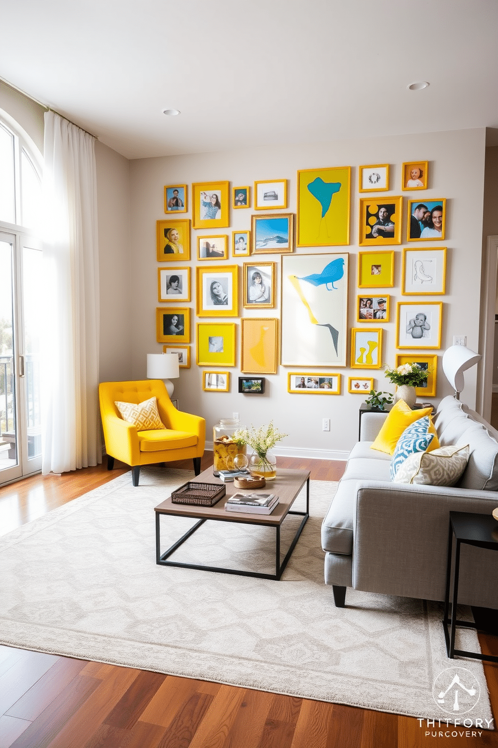 A vibrant family room designed around a gallery wall adorned with yellow frames. The wall features a mix of family photos and abstract art, creating a cheerful focal point that energizes the space. The room is filled with comfortable seating, including a plush sectional sofa in soft gray and a pair of bright yellow accent chairs. A large area rug with a geometric pattern anchors the seating area, while natural light pours in through large windows dressed with sheer white curtains.