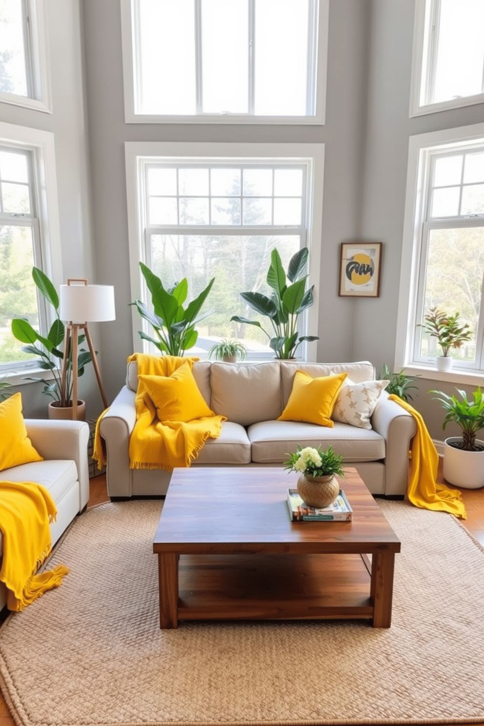 A bright and inviting family room features a cozy sofa adorned with yellow decorative throw blankets, adding a pop of color to the neutral palette. Large windows allow natural light to flood the space, highlighting the warm tones of the wooden coffee table and the soft, textured area rug beneath. The walls are painted in a soft gray, creating a perfect backdrop for vibrant yellow accents throughout the room. A collection of potted plants in the corners brings a touch of greenery, complementing the cheerful atmosphere and enhancing the overall design.