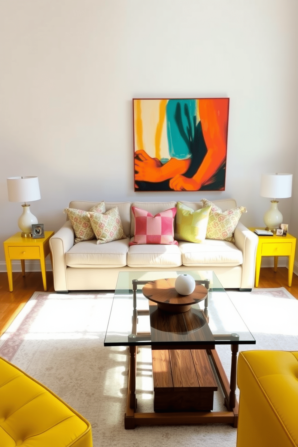 A bright and inviting family room features two yellow side tables flanking a plush, neutral-toned sofa. The walls are painted a soft white, enhancing the cheerful ambiance, while a large area rug with subtle patterns anchors the seating area. Incorporate vibrant throw pillows in coordinating colors to add visual interest and comfort. A stylish coffee table made of glass and wood sits in the center, completing the lively and welcoming atmosphere of the space.