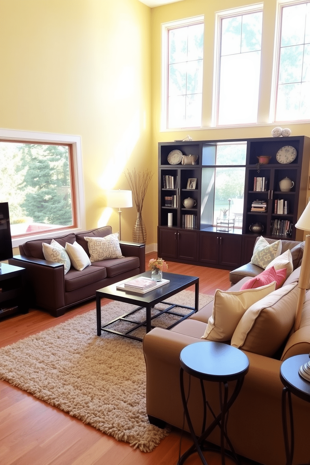 A bright and inviting family room features light yellow walls that create a warm and cheerful atmosphere. The room is furnished with dark wooden furniture, including a sleek coffee table and a comfortable sectional sofa, providing a striking contrast to the wall color. Large windows allow natural light to flood the space, enhancing the cheerful ambiance. Decorative throw pillows in soft neutrals and vibrant patterns add a touch of personality to the seating area, while a plush area rug anchors the room and adds warmth underfoot.