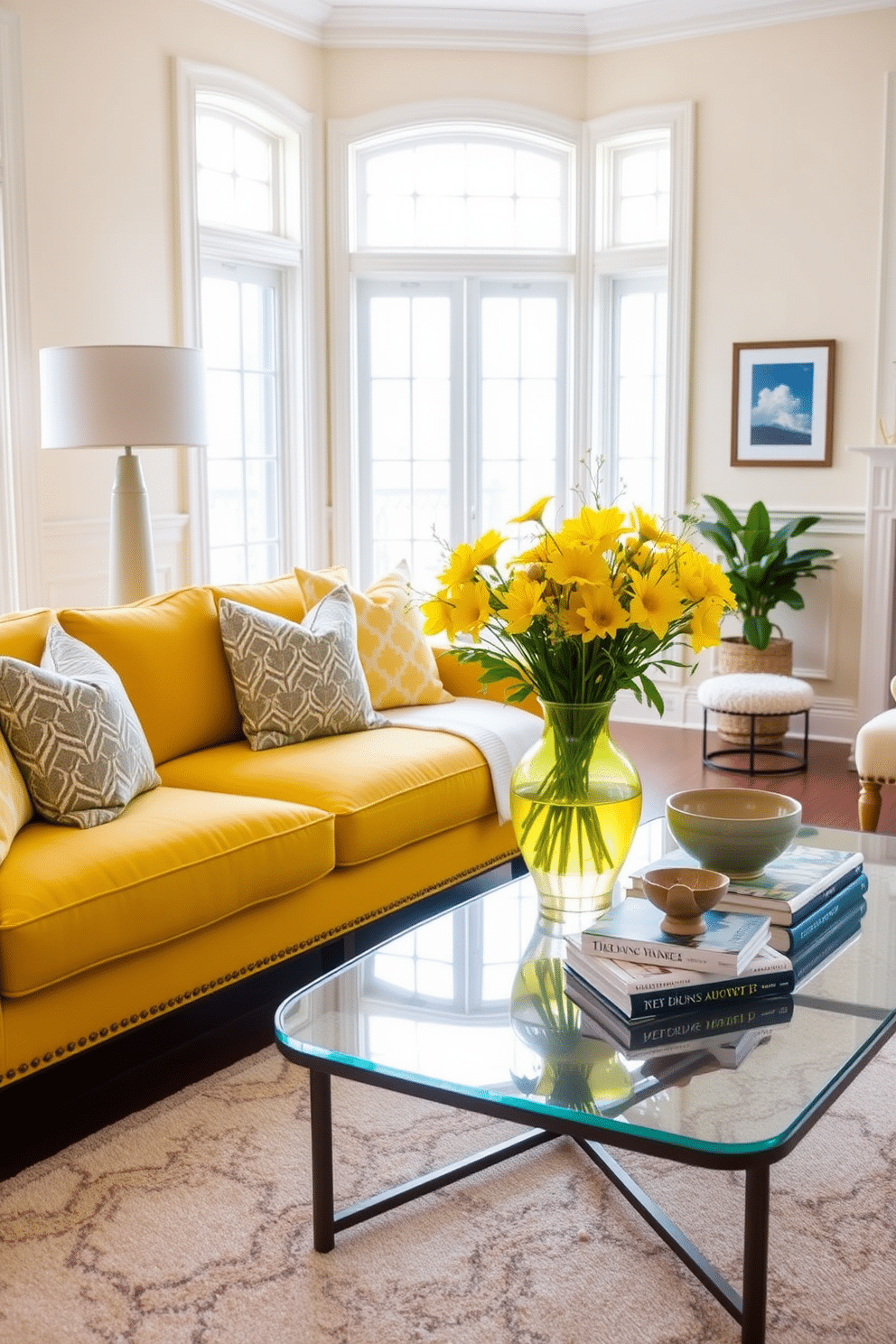 A bright and inviting family room features a cozy yellow sofa adorned with patterned throw pillows. A stylish coffee table at the center is decorated with a vibrant yellow vase filled with fresh flowers, complemented by a stack of art books and a decorative bowl. The walls are painted in a soft, neutral tone to enhance the warmth of the yellow accents. A plush area rug with subtle patterns anchors the space, while natural light pours in through large windows, creating a cheerful atmosphere.