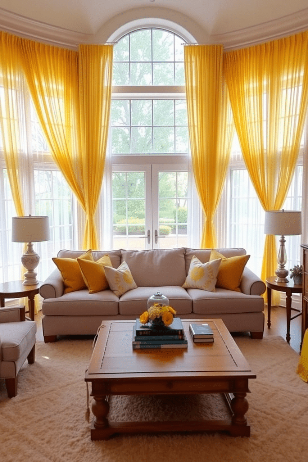 A bright family room featuring yellow curtains that elegantly frame large windows, allowing natural light to flood the space. The sheer white drapes add a soft touch, creating an airy atmosphere that enhances the cheerful vibe of the room. The furnishings include a plush, light gray sofa adorned with colorful throw pillows that complement the yellow accents. A cozy area rug anchors the seating arrangement, while a wooden coffee table sits at the center, showcasing decorative books and a vibrant centerpiece.