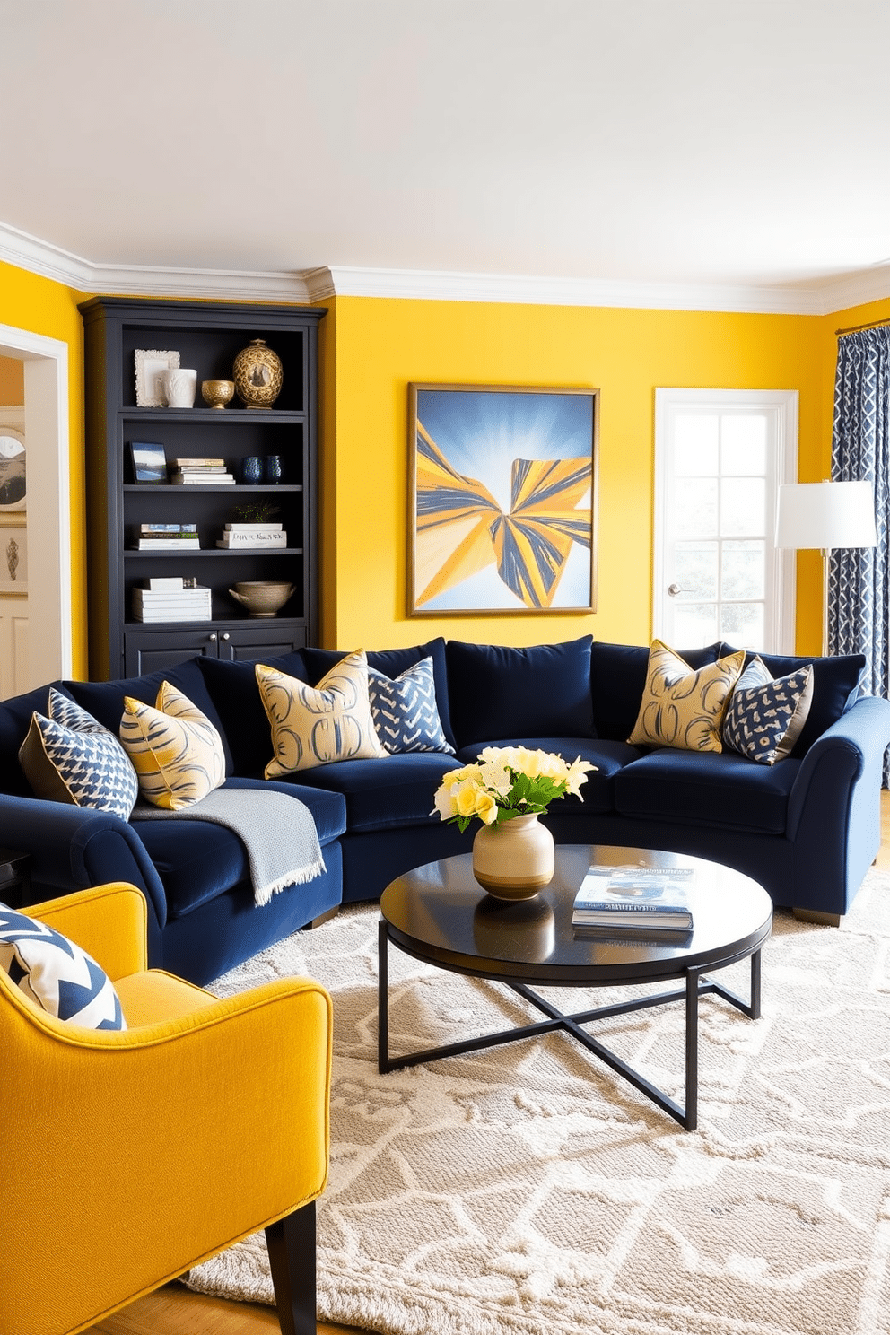 A vibrant family room featuring a striking contrast of yellow and navy blue. The walls are painted a cheerful yellow, while the furniture, including a plush navy blue sectional sofa, adds depth and sophistication to the space. Accent pillows in various patterns combine both colors, creating a cohesive look. A stylish coffee table sits in the center, surrounded by a soft area rug that ties the color scheme together beautifully.