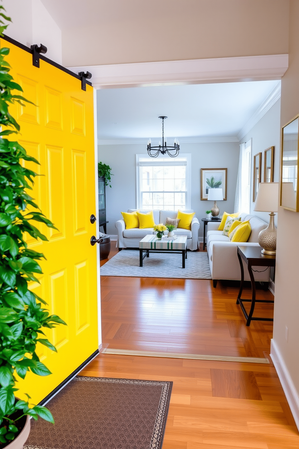 A bright yellow door stands as a cheerful welcome, framed by lush greenery and a stylish doormat. The entryway features warm wood flooring that leads into a spacious family room filled with natural light. The family room is adorned with soft, neutral-colored furniture, accented by vibrant yellow throw pillows that echo the door's hue. A large area rug with subtle patterns anchors the seating area, while framed artwork in complementary colors adorns the walls.