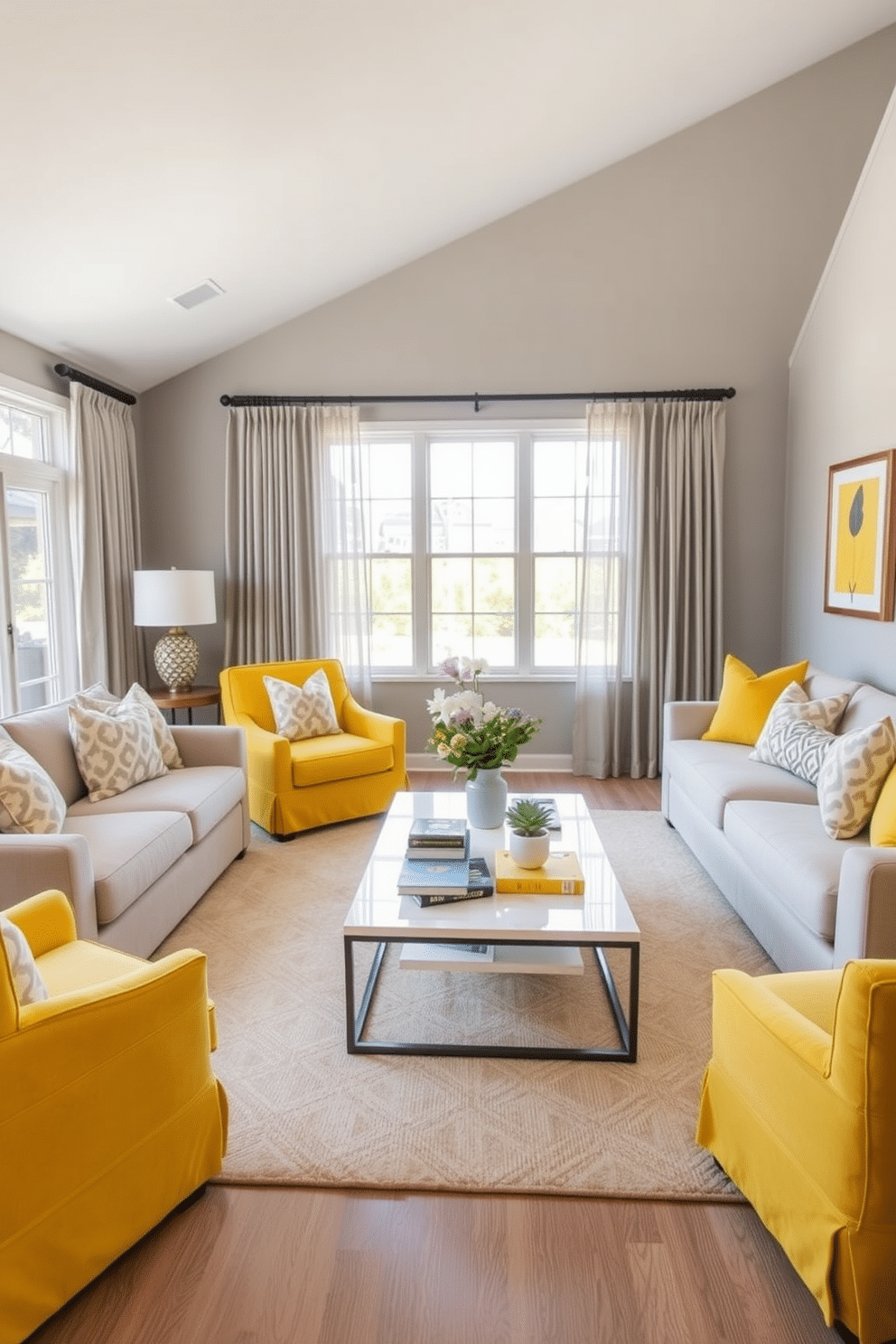 A bright and inviting family room featuring a yellow and gray color scheme. The walls are painted a soft gray, while vibrant yellow accents are seen in the throw pillows and a cozy area rug. A large sectional sofa in a neutral tone is complemented by a pair of yellow armchairs, creating a welcoming seating arrangement. Natural light floods the space through large windows adorned with sheer gray curtains, enhancing the airy feel of the room. A contemporary coffee table in a sleek design sits at the center, topped with decorative books and a small vase of fresh flowers. On the walls, framed artwork in shades of yellow and gray adds a personal touch and visual interest.