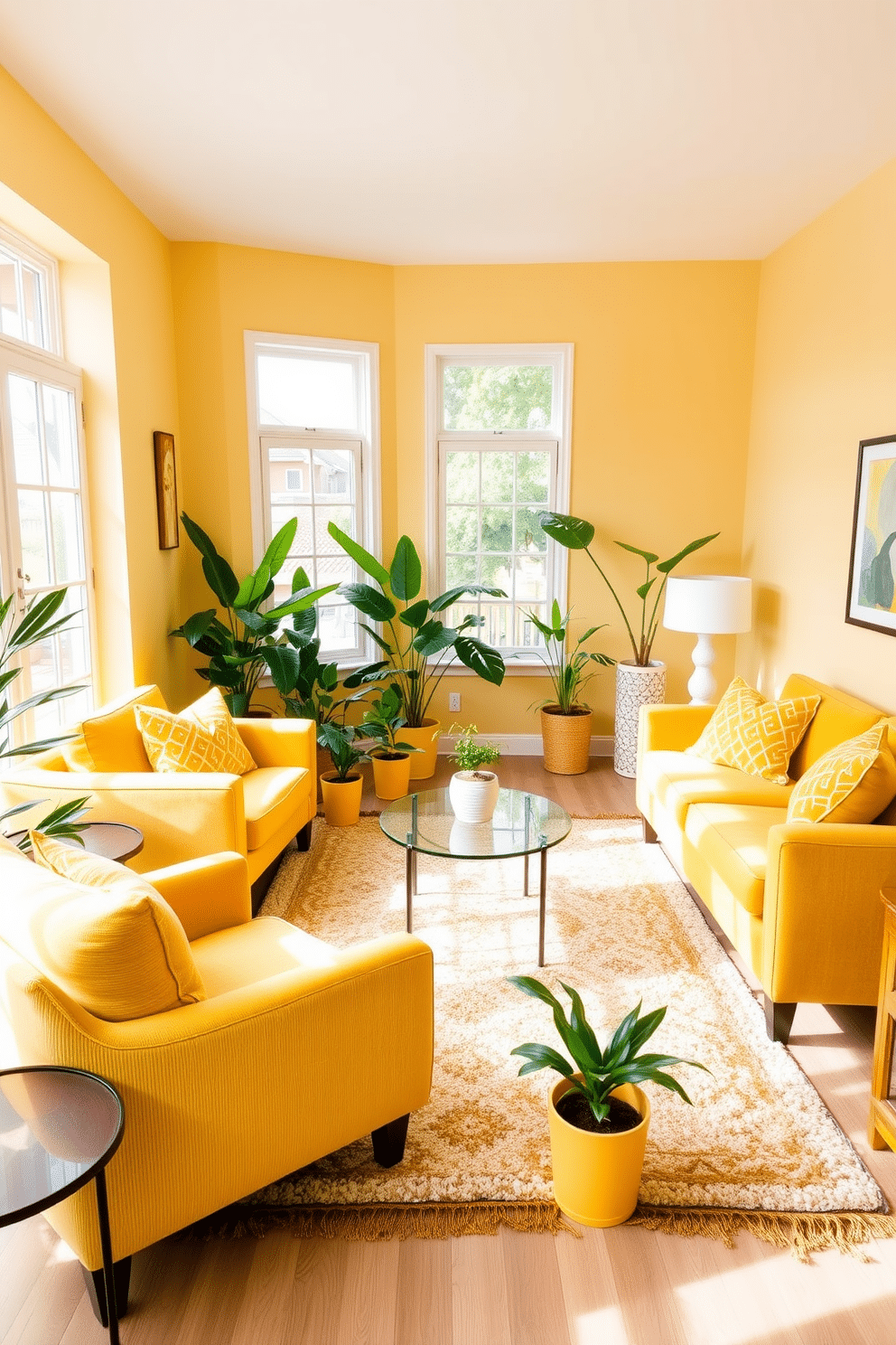 A bright and inviting family room featuring a warm yellow color palette. The room is adorned with plush yellow sofas and accent chairs, complemented by vibrant indoor plant pots in varying shades of yellow. Natural light floods the space through large windows, highlighting a cozy area rug that ties the room together. Decorative elements like yellow throw pillows and artwork enhance the cheerful ambiance, creating a welcoming atmosphere for family gatherings.