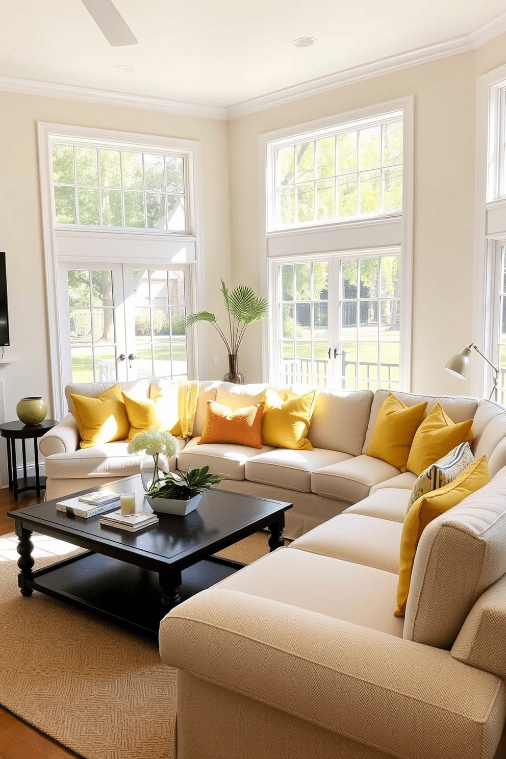 A bright family room featuring a spacious sofa adorned with sunshine yellow throw pillows that add a cheerful pop of color. The walls are painted in a soft cream, and large windows allow natural light to flood the space, enhancing the warm ambiance.