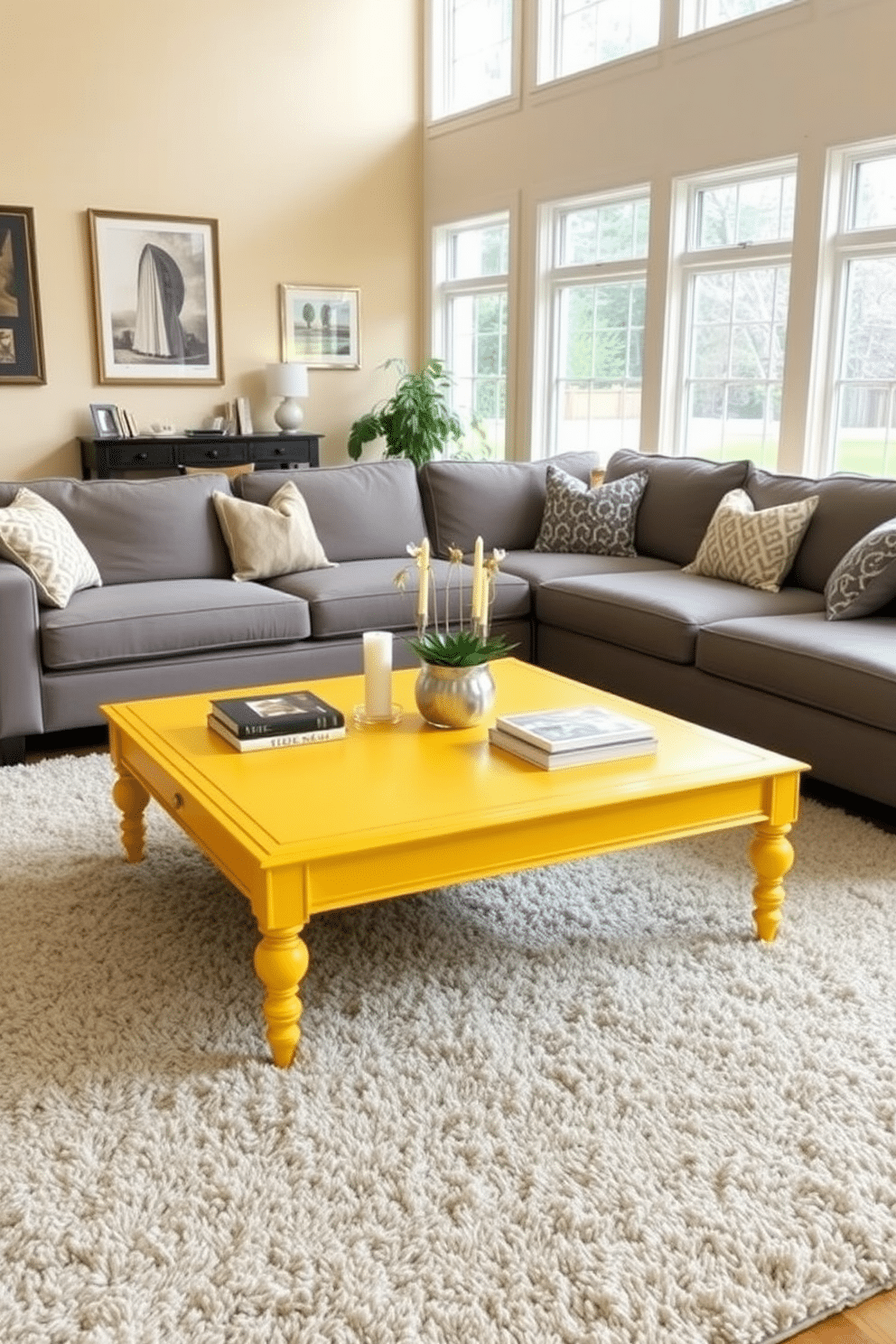 A vintage yellow coffee table serves as the centerpiece of the family room, surrounded by a cozy sectional sofa upholstered in soft gray fabric. The walls are adorned with warm-toned artwork, and a plush area rug anchors the space, adding texture and comfort. The family room features large windows that let in ample natural light, highlighting the vibrant yellow hues of the coffee table. Complementing the table, decorative elements like books, candles, and a small potted plant create an inviting atmosphere for relaxation and gatherings.