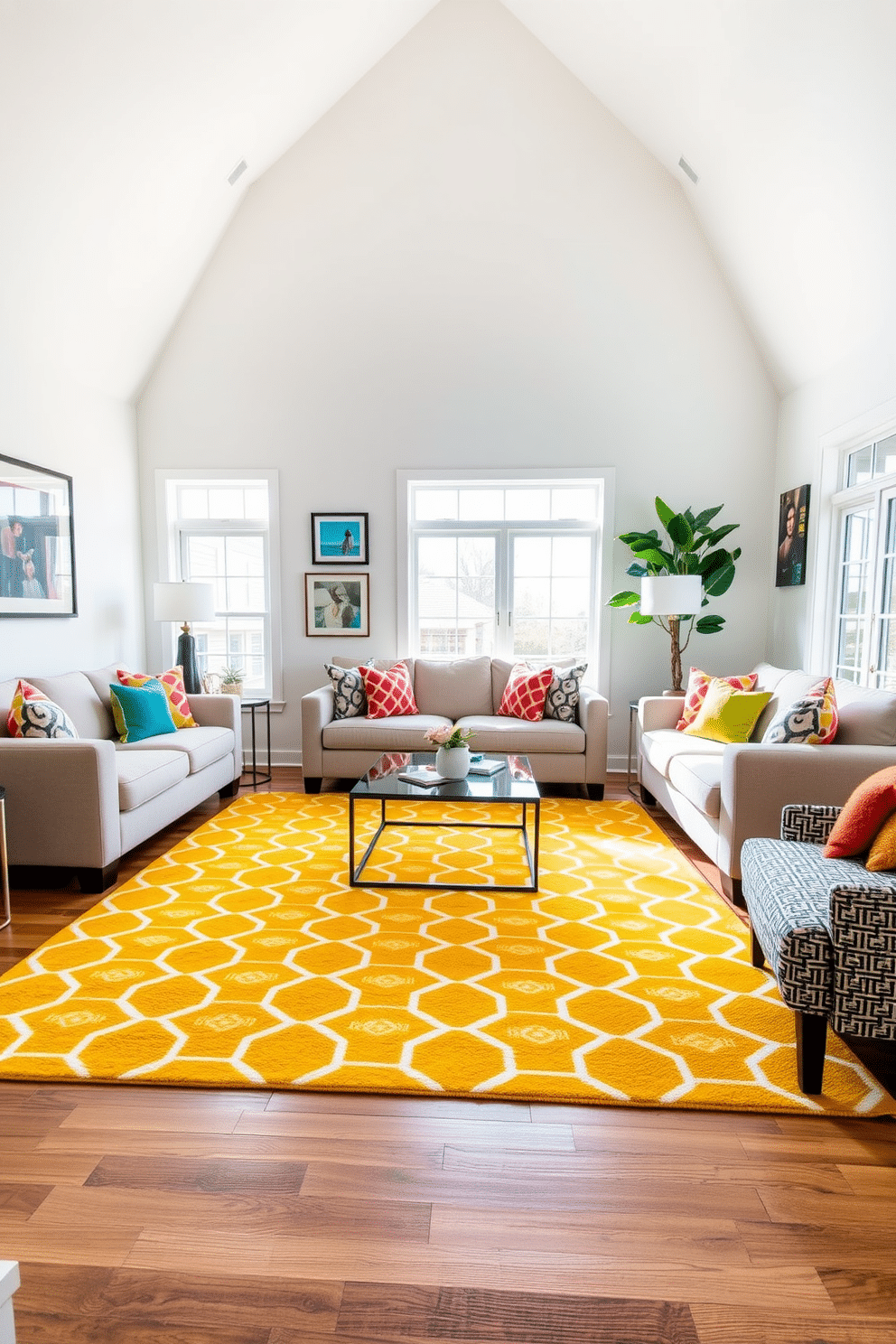 A bright and inviting family room featuring a yellow area rug adorned with geometric patterns, creating a vibrant focal point on the hardwood floor. The walls are painted in a soft white, complemented by plush beige sofas and colorful accent pillows that enhance the cheerful atmosphere. Natural light floods the space through large windows, illuminating a stylish coffee table placed in the center of the room. A collection of modern art pieces hang on the walls, adding a touch of sophistication to the lively design.