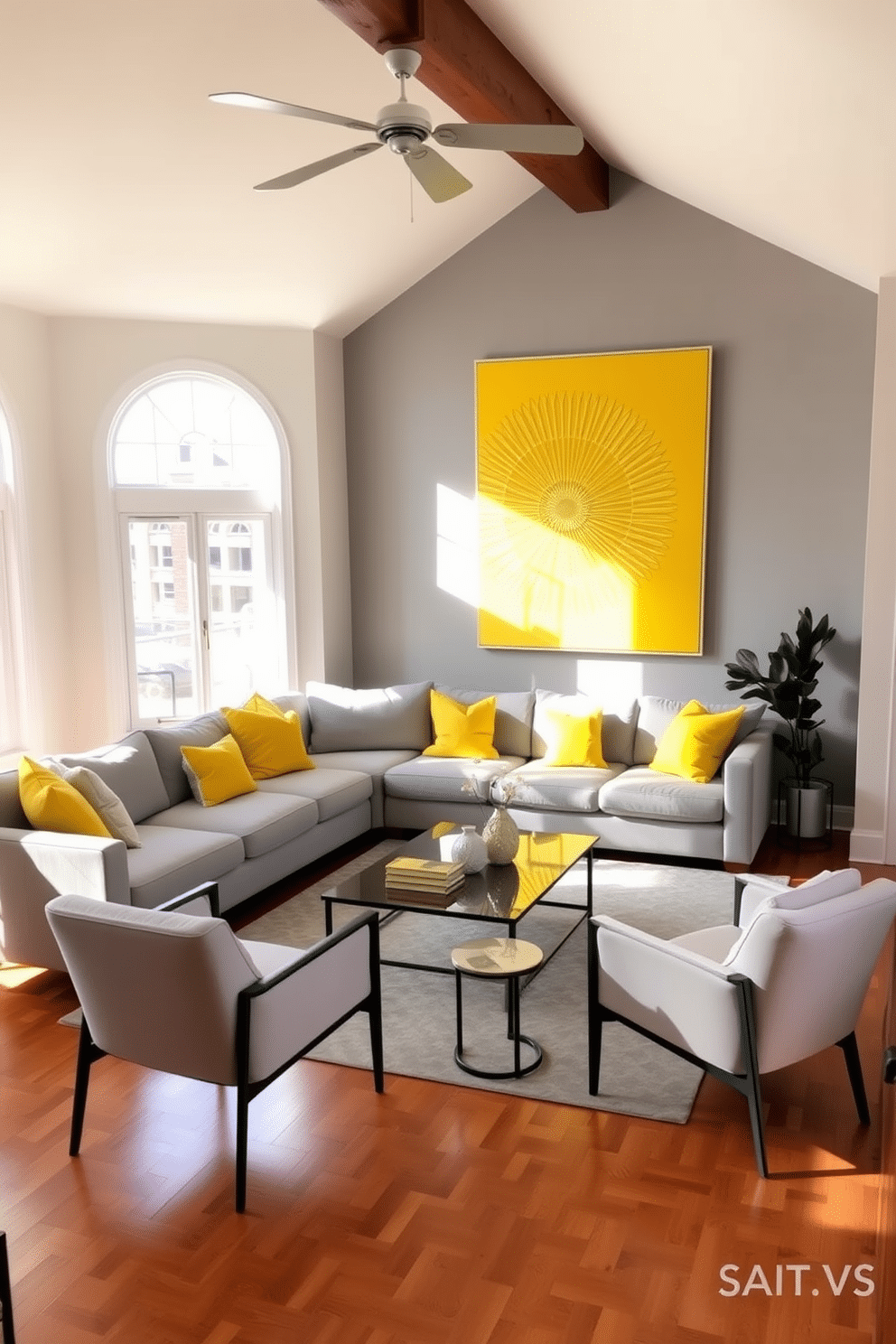 A bright yellow artwork serves as the focal point in a spacious family room, drawing attention with its vibrant hues and bold design. The room features a comfortable sectional sofa in soft gray, accented by cheerful yellow throw pillows that complement the artwork. Natural light floods the space through large windows, highlighting the warm wooden flooring and creating an inviting atmosphere. A stylish coffee table sits in the center, surrounded by modern accent chairs in neutral tones, enhancing the room's overall aesthetic.