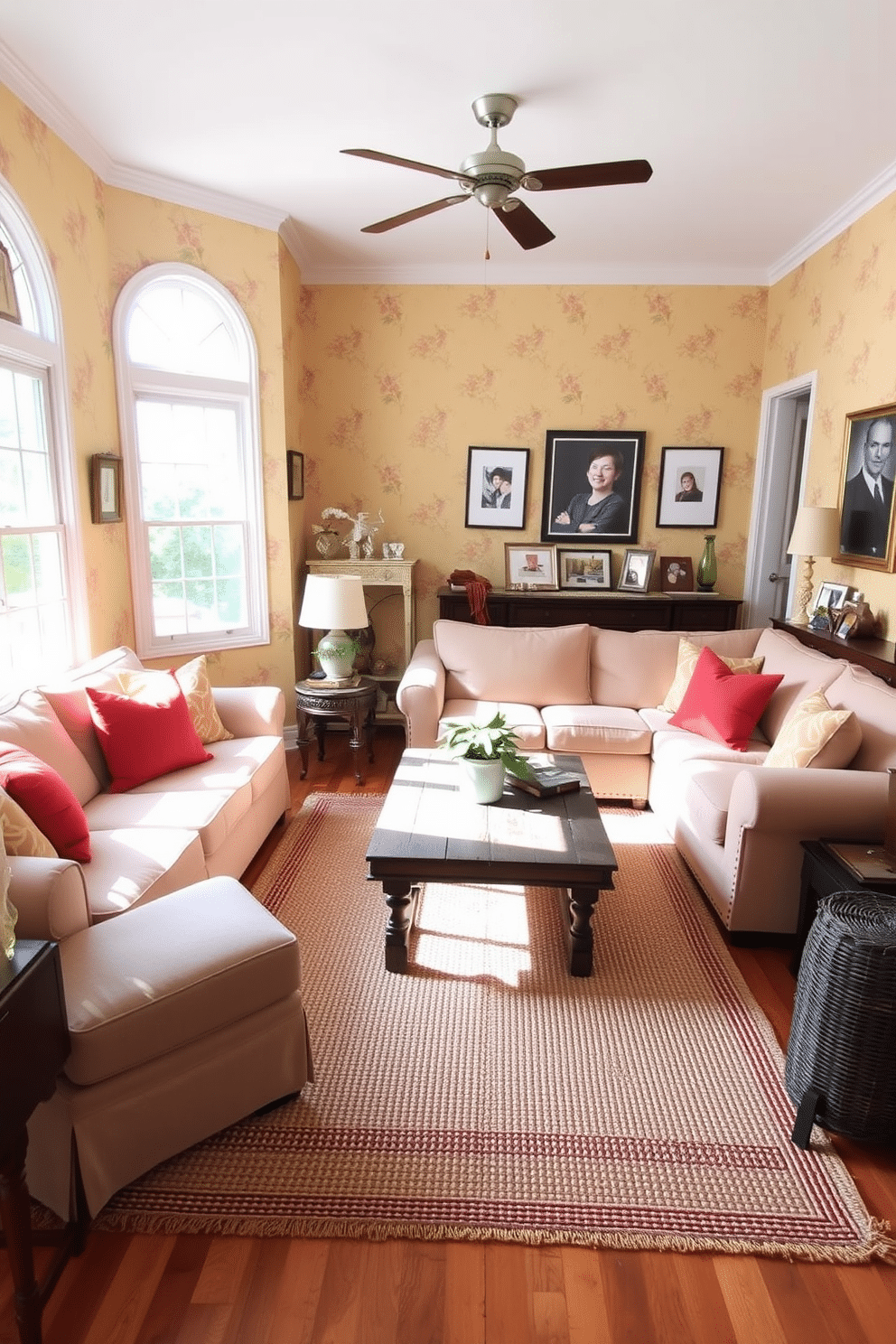 A cozy family room adorned with muted yellow wallpaper featuring delicate floral designs. The space is filled with a plush sectional sofa in soft beige, complemented by vibrant throw pillows that echo the wallpaper's colors. Natural light streams in through large windows, illuminating a rustic wooden coffee table at the center. A woven area rug anchors the seating area, while framed artwork and family photos add a personal touch to the decor.