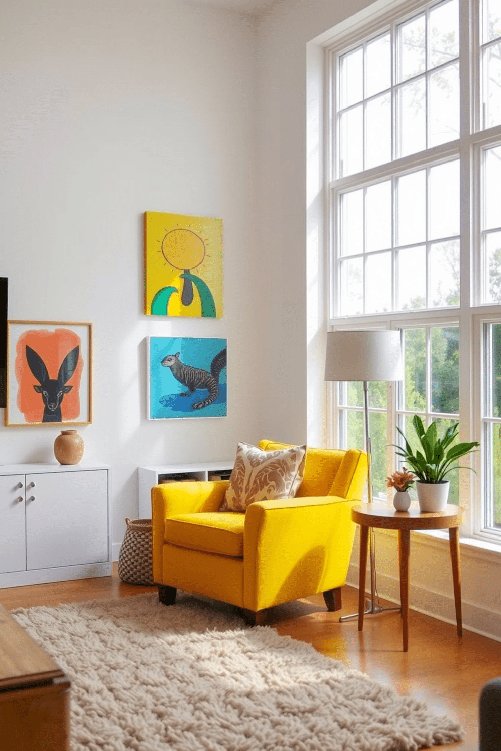 A sunny yellow armchair is positioned in the corner of a bright family room, inviting warmth and comfort. The walls are painted a soft white, complemented by colorful artwork that adds vibrancy to the space. The room features a plush area rug in neutral tones, anchoring the seating area around the armchair. Large windows allow natural light to flood in, enhancing the cheerful atmosphere and highlighting the playful decor.