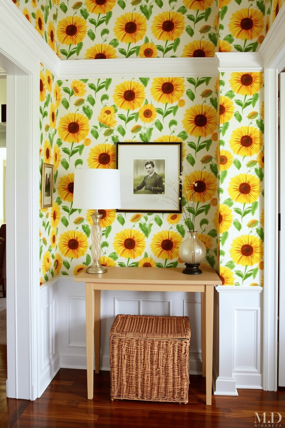 Bright sunflower wallpaper adorns the walls of a cheerful foyer, creating a vibrant and inviting atmosphere. The white trim complements the wallpaper, adding a crisp contrast that enhances the overall brightness of the space. A sleek console table with a light wood finish sits against the wall, topped with a small decorative bowl and a stylish lamp. A woven basket beneath the table provides functional storage while adding a touch of texture to the design.