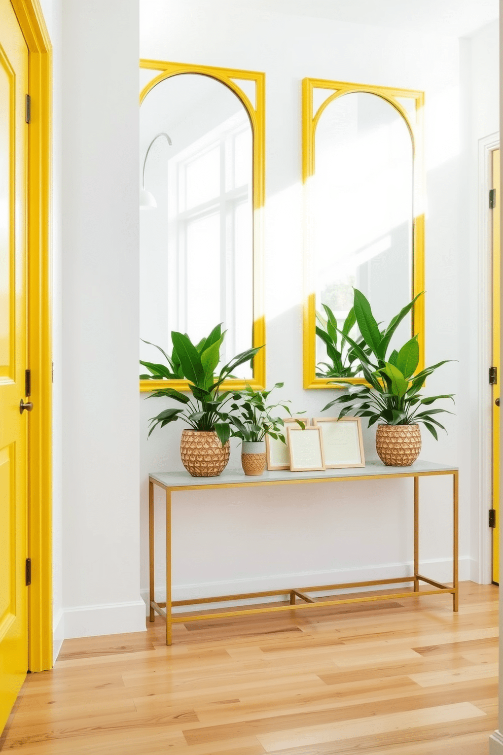 A bright and airy foyer featuring yellow framed mirrors that reflect abundant natural light. The walls are painted in a soft white, creating a fresh backdrop for the cheerful yellow accents throughout the space. The floor is adorned with light hardwood, complementing a stylish console table beneath the mirrors. Vibrant greenery in decorative pots adds a touch of life, enhancing the welcoming atmosphere of the foyer.