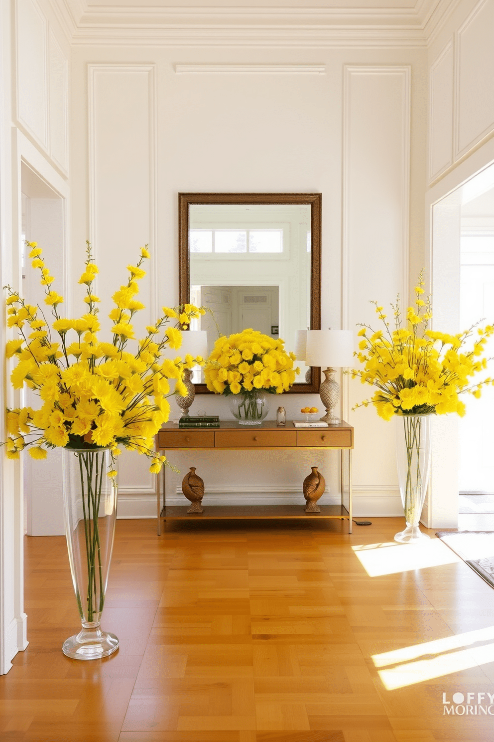 A bright foyer filled with natural light, featuring a stunning arrangement of yellow floral displays in elegant vases. The walls are adorned with soft white paneling, and the floor is a polished hardwood that complements the vibrant colors of the flowers. The foyer includes a sleek console table topped with decorative items, creating a welcoming atmosphere. A large mirror hangs above the table, reflecting the cheerful yellow blooms and enhancing the sense of space.