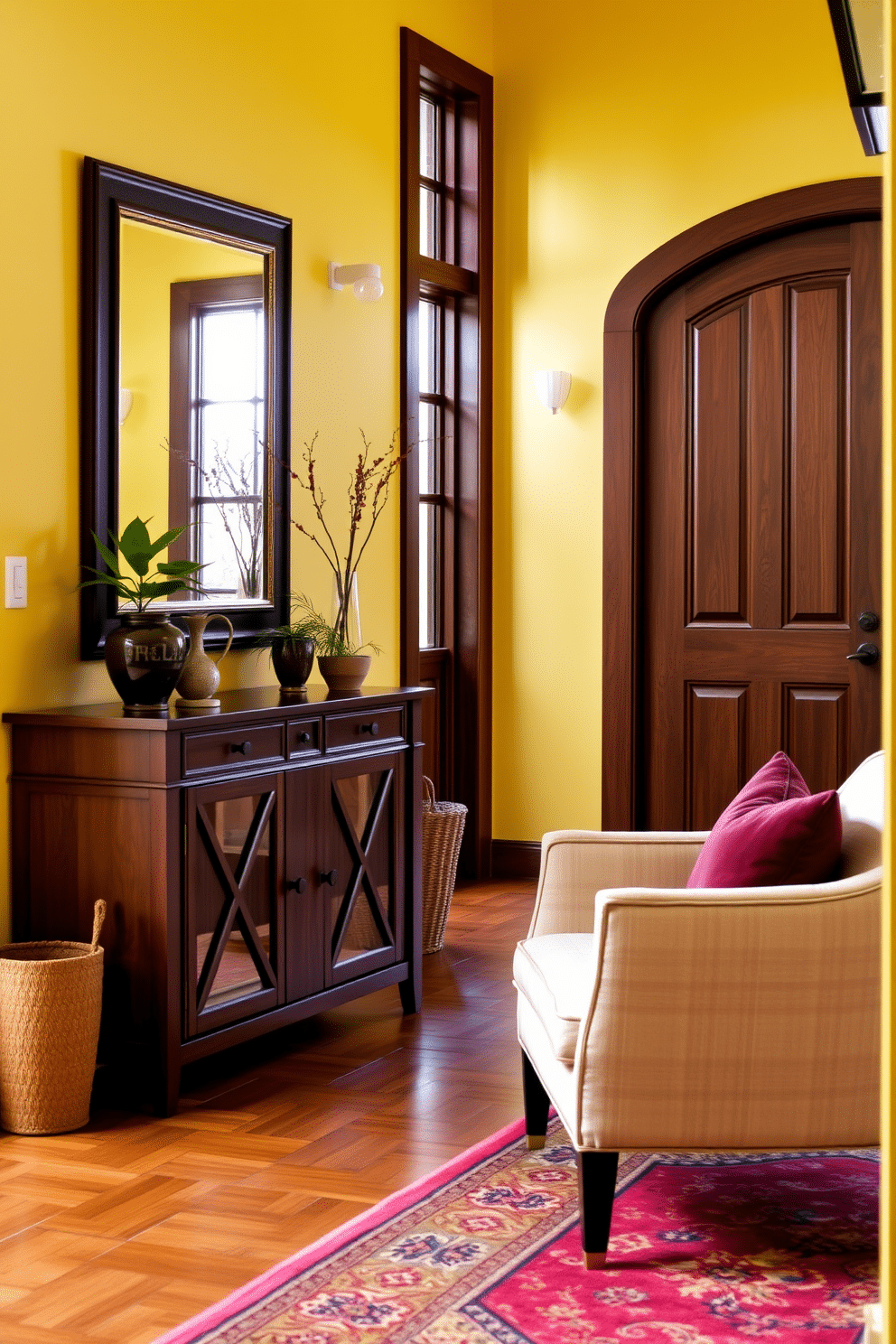 A welcoming foyer with warm yellow walls that radiate cheerfulness, complemented by rich warm wood tones in the flooring and furniture. A stylish console table made of dark wood stands against the wall, adorned with a decorative mirror and a few potted plants for added greenery. The space features a cozy seating area with a plush armchair upholstered in a soft fabric, inviting guests to relax. A vibrant area rug with intricate patterns adds texture and warmth, enhancing the overall inviting atmosphere of the foyer.