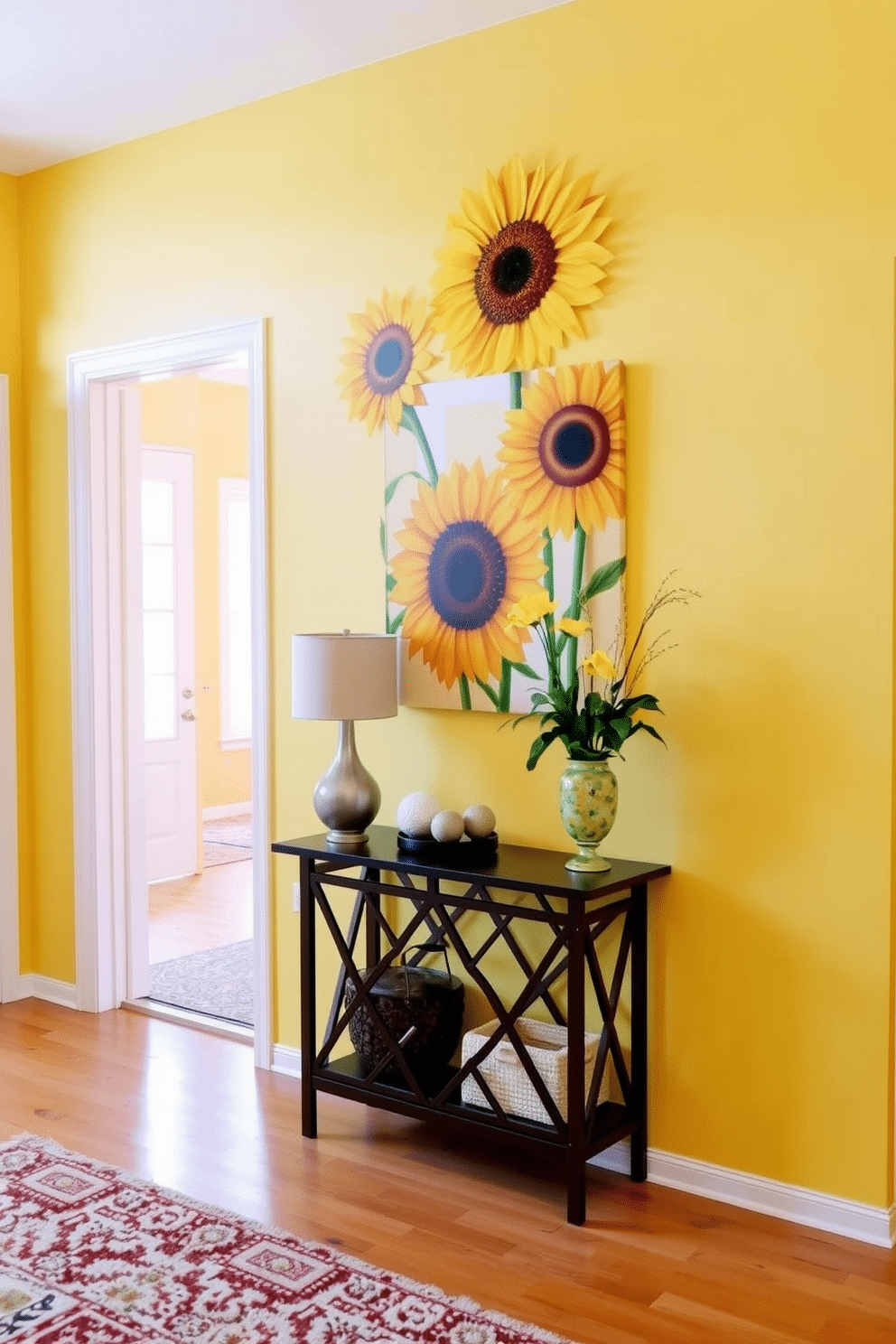 A vibrant foyer adorned with sunflower-themed wall art creates a cheerful and inviting atmosphere. The artwork features large, bold sunflowers set against a soft, neutral background, drawing the eye and brightening the space. The foyer is painted in a warm yellow hue that complements the artwork, enhancing the overall brightness of the area. A stylish console table beneath the art holds decorative items, while a plush area rug adds warmth and texture to the floor.