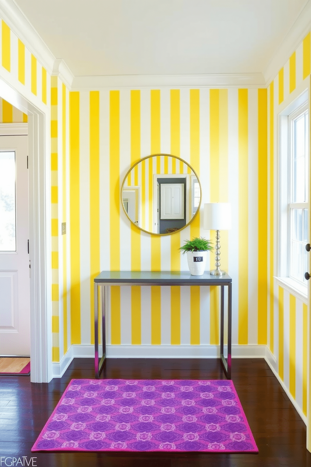 A vibrant foyer adorned with yellow and white striped wallpaper creates a playful and inviting atmosphere. The space features a sleek console table with a round mirror above it, reflecting natural light that streams in through a nearby window. Incorporate a cheerful area rug with geometric patterns to add warmth and texture to the floor. A small potted plant sits on the console table, bringing a touch of greenery that complements the bright color scheme.