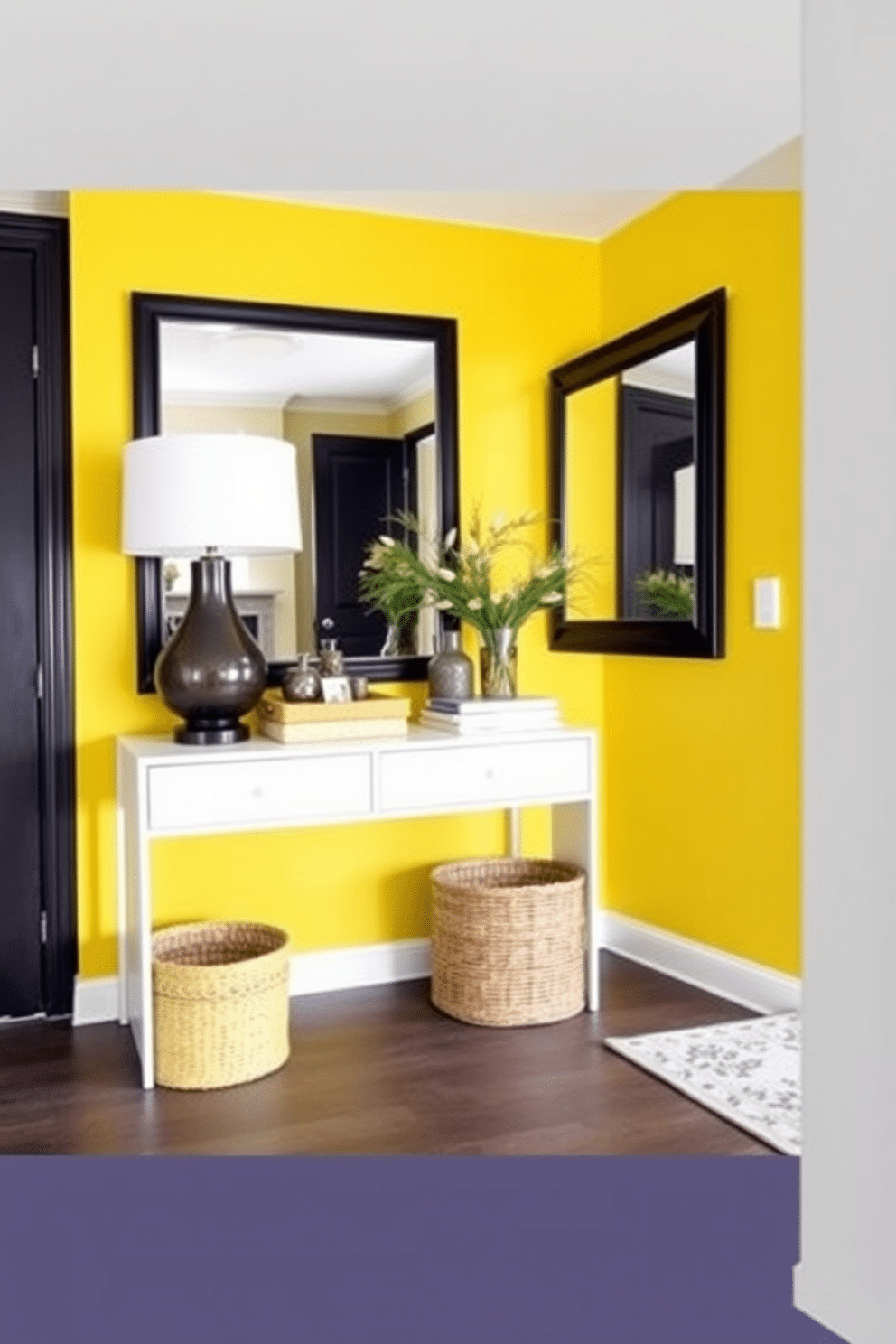 Chic yellow storage baskets for organization. These stylish baskets are woven from natural fibers, featuring a bright yellow hue that adds a pop of color to any room. Yellow foyer design ideas. The foyer showcases a vibrant yellow accent wall, complemented by a sleek console table adorned with decorative items and a large mirror that enhances the space's brightness.