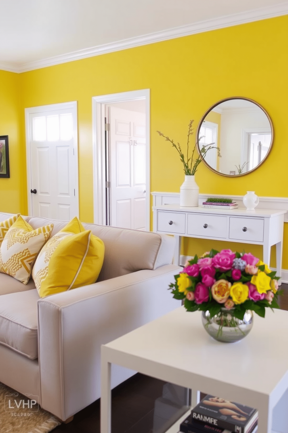 Bright yellow throw pillows are artfully arranged on a plush, neutral-toned sofa, adding a pop of color to the inviting living space. The pillows feature a mix of geometric patterns and soft textures, enhancing the cozy atmosphere. The foyer boasts a bright yellow accent wall that instantly energizes the entryway, complemented by a stylish console table in a sleek white finish. A large round mirror with a gold frame hangs above the table, reflecting light and creating an illusion of space, while a vibrant floral arrangement adds a touch of freshness.