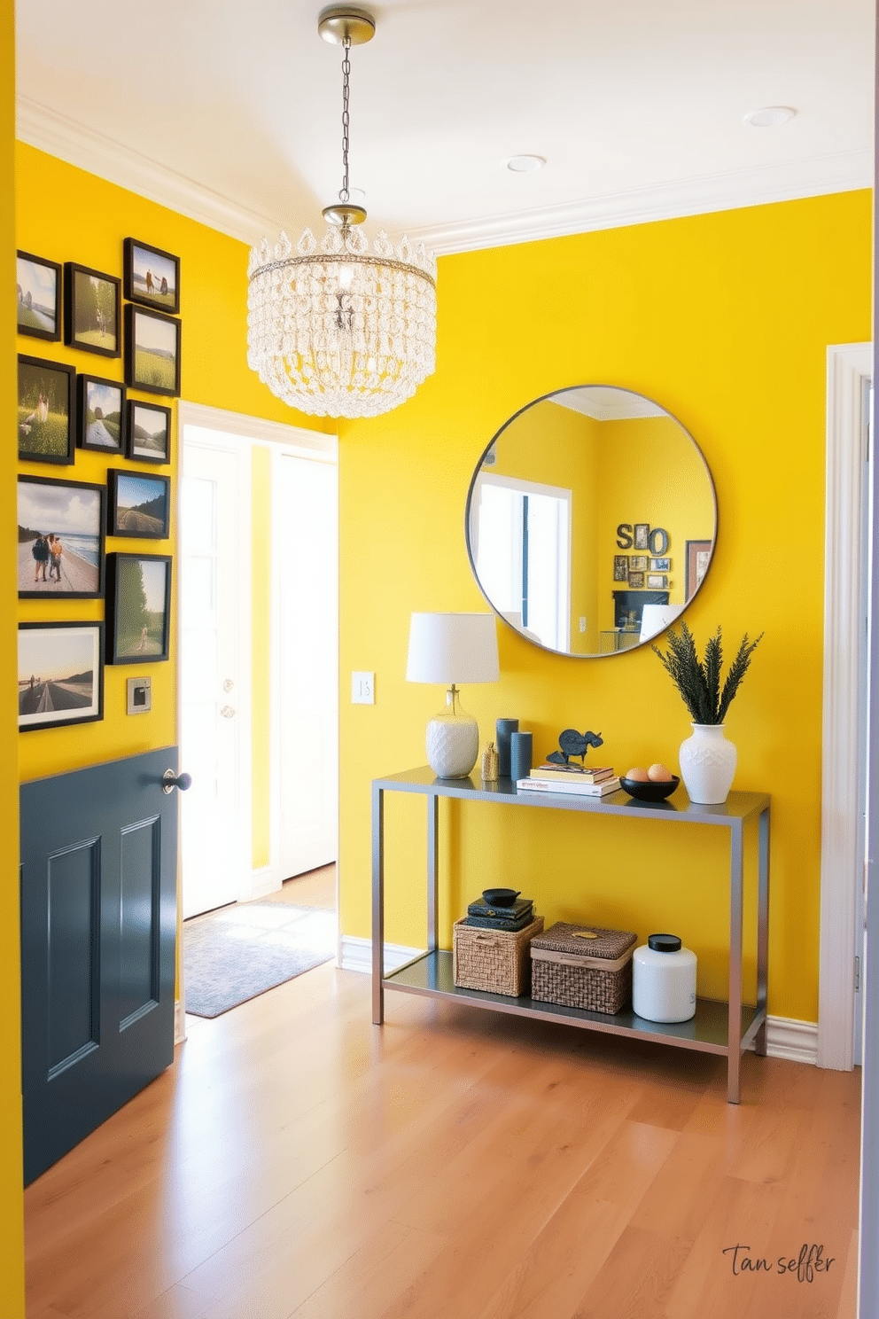 A bright foyer features a striking yellow accent wall adorned with a collection of framed photos showcasing family memories and artistic landscapes. The space is illuminated by a stylish chandelier, and a sleek console table sits against the wall, topped with decorative items and a small plant. The floor is finished with light hardwood, complementing the vibrant yellow while providing warmth to the area. A large round mirror hangs above the console, reflecting the cheerful ambiance and enhancing the natural light streaming in through the entrance.