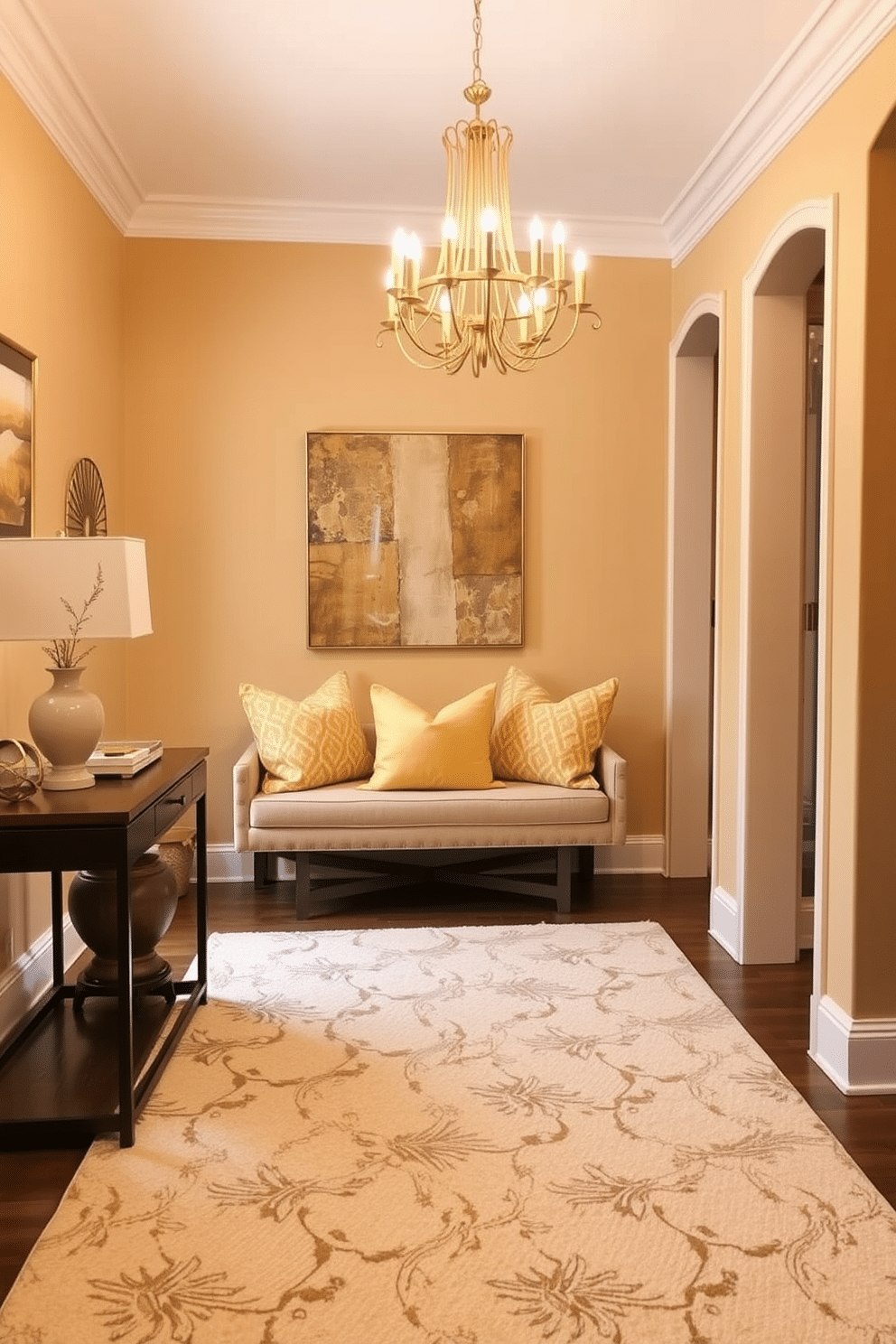 Layered yellow and beige textiles create a warm and inviting atmosphere in the foyer. The space features a soft, plush area rug in a subtle geometric pattern, complemented by throw pillows in varying shades of yellow and beige on a stylish bench. The walls are painted in a warm beige tone, enhancing the cozy feel of the room. A statement chandelier with golden accents hangs from the ceiling, casting a soft glow over the entryway and highlighting the layered textiles.