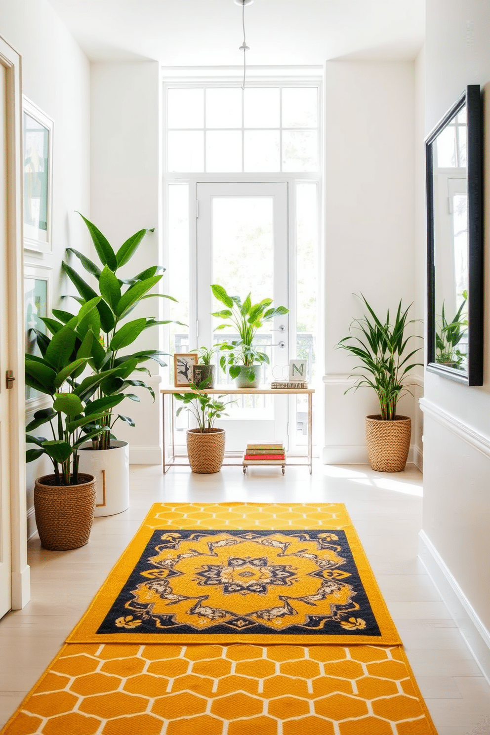 A vibrant foyer featuring a yellow geometric patterned mat that instantly draws attention. The walls are painted in a soft white, creating a bright and welcoming atmosphere, complemented by a sleek console table adorned with decorative items. Natural light floods the space through a large window, enhancing the cheerful yellow tones. Potted plants are strategically placed to add a touch of greenery, creating a fresh and inviting entryway.