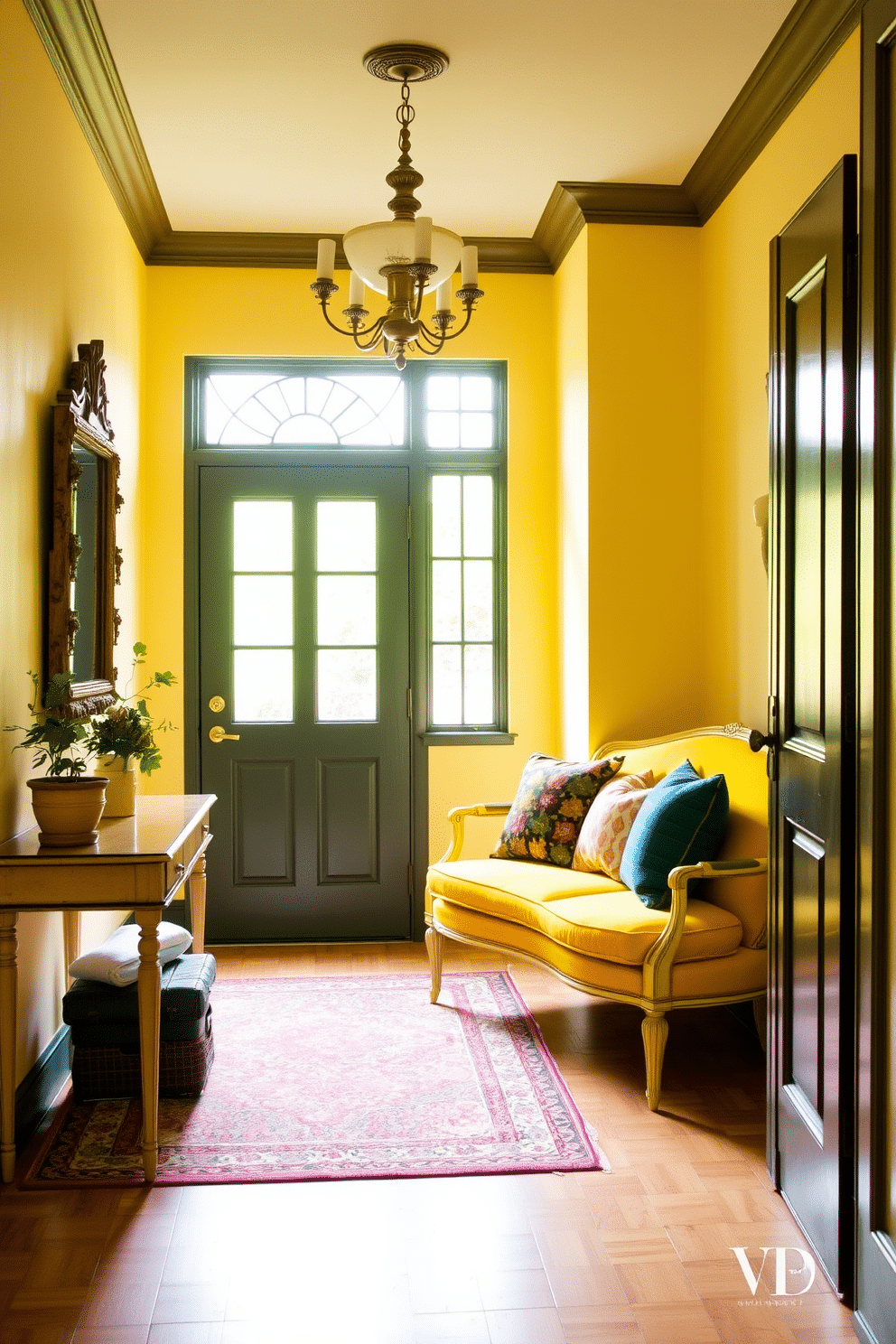 A vibrant foyer featuring vintage yellow furniture that adds a retro touch. The walls are painted in a soft cream color, enhancing the warmth of the yellow pieces, while a patterned rug anchors the space. A vintage yellow settee sits against one wall, adorned with colorful throw pillows. An antique mirror with an ornate frame reflects the natural light coming in from a nearby window, creating an inviting atmosphere.