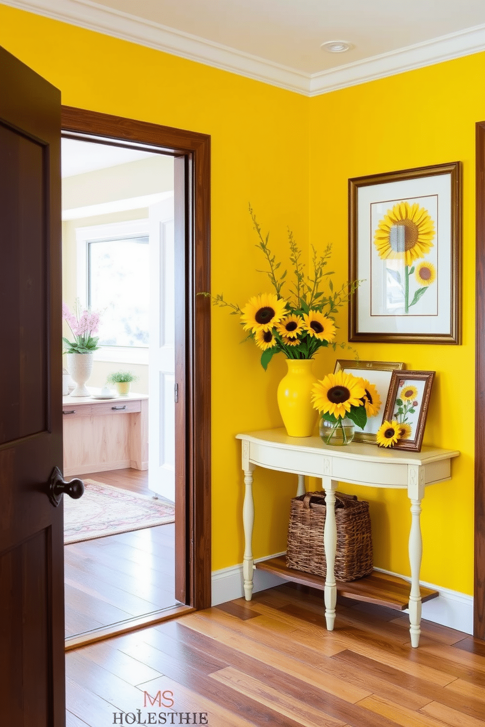 Sunflower-inspired decor pieces for charm. Bright yellow accents are complemented by rustic wooden elements, creating a warm and inviting atmosphere. Yellow Foyer Design Ideas. A cheerful yellow accent wall is paired with a stylish console table adorned with sunflower-themed decor, including a vibrant vase and framed artwork.