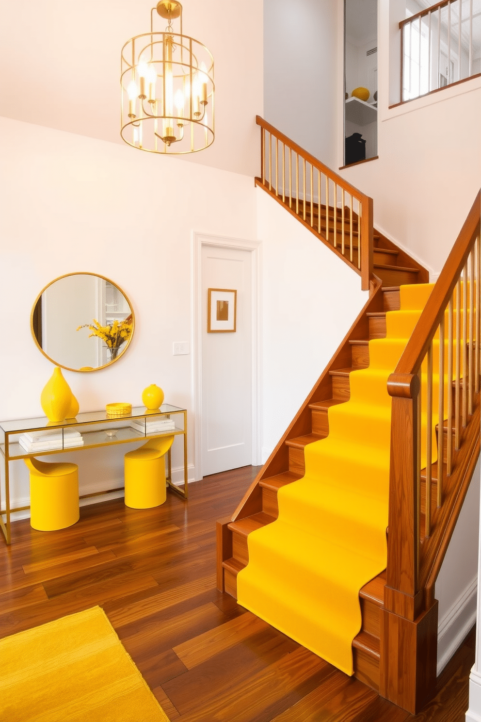 A bright yellow staircase runner cascades down a sleek wooden staircase, creating a striking focal point that draws the eye upward. The runner is complemented by a backdrop of crisp white walls, enhancing the vibrancy of the yellow and adding a modern touch. In the foyer, bold yellow accents are incorporated through a stylish console table and a large round mirror with a gold frame. The space is illuminated by a contemporary chandelier, casting warm light that highlights the cheerful color palette and inviting atmosphere.