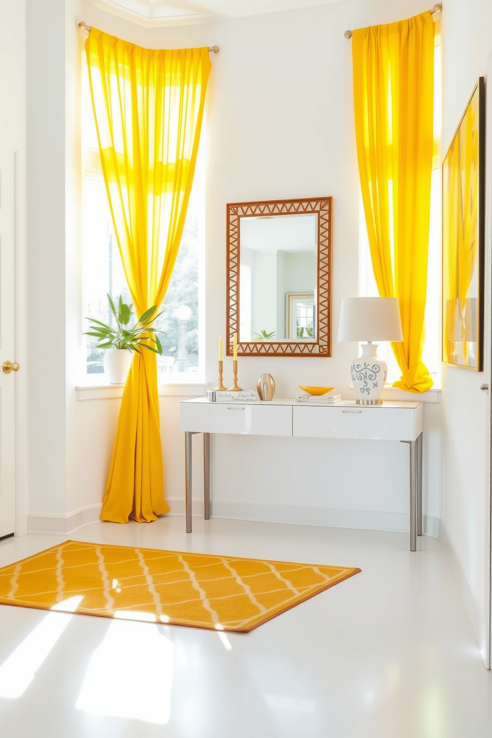 A bright and inviting foyer bathed in natural light, featuring sunny yellow curtains that frame a large window, creating a cheerful atmosphere. The floor is adorned with a stylish geometric rug, and a sleek console table is placed against the wall, topped with decorative accessories and a vibrant plant. The walls are painted in a soft white, enhancing the warmth of the yellow curtains. A statement mirror hangs above the console table, reflecting the light and adding depth to the space.