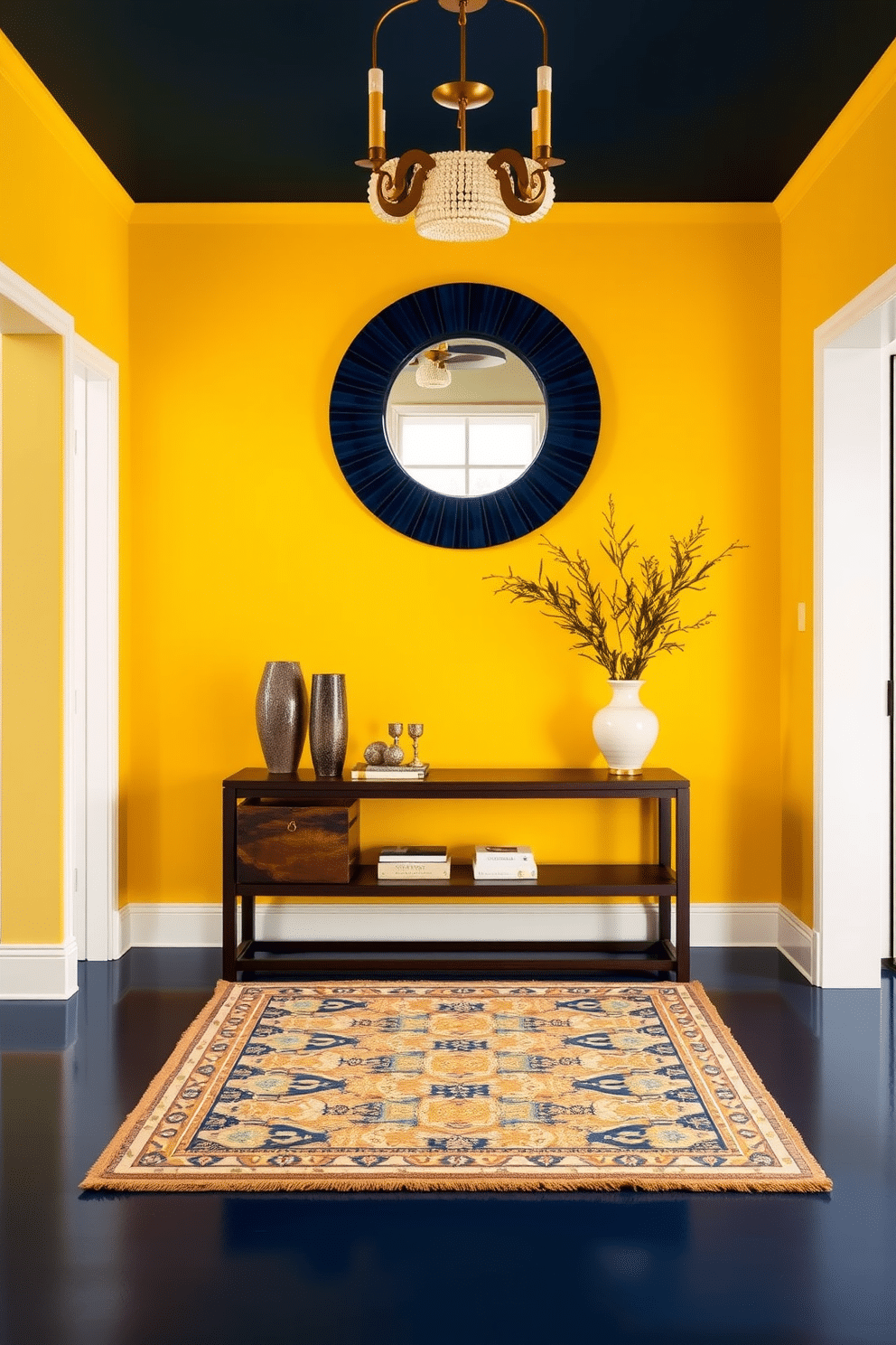 A stunning foyer designed with a yellow and navy color scheme, featuring bold yellow walls that create a vibrant backdrop. The flooring is a rich navy blue, complemented by a stylish area rug that adds warmth and texture to the space. An elegant console table in a dark wood finish stands against the wall, adorned with decorative items in gold and white. Above the table, a large round mirror with a navy blue frame reflects light, enhancing the overall brightness of the foyer.