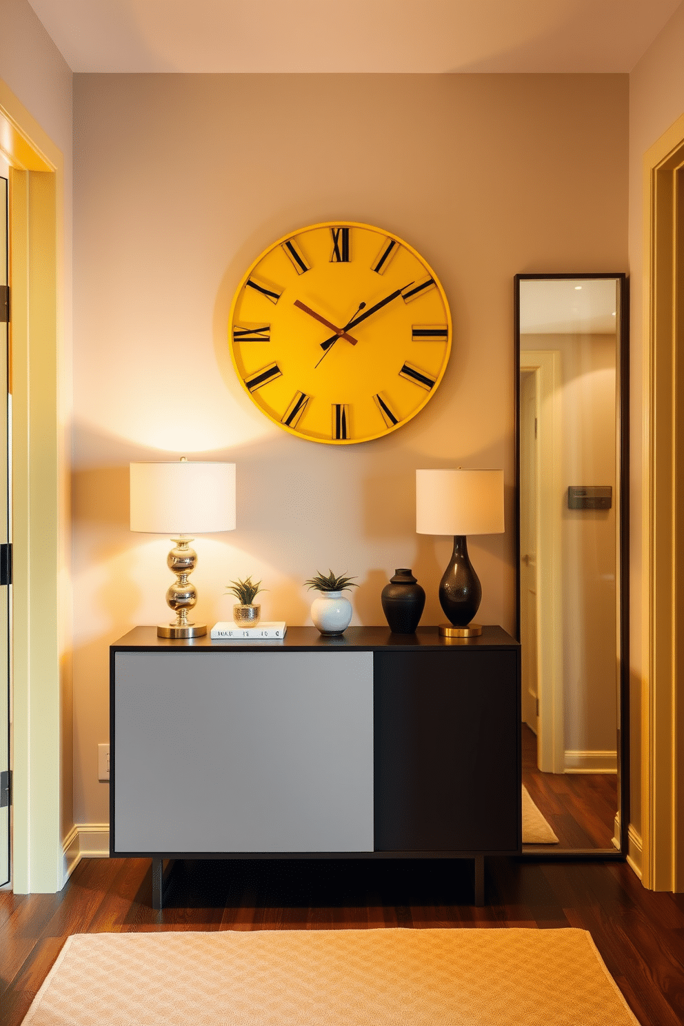 A bright yellow wall clock serves as a striking statement piece in the foyer, drawing attention with its bold color and unique design. The space features a sleek console table beneath the clock, adorned with a small potted plant and stylish decor items that complement the vibrant hue. The foyer is illuminated by warm lighting that enhances the cheerful atmosphere created by the yellow accents. A large mirror on one side reflects the light and adds depth, while a patterned rug on the floor brings texture and warmth to the entryway.