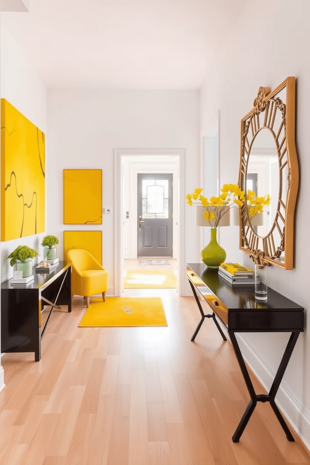 A vibrant foyer adorned with lively yellow artwork that instantly energizes the space. The walls are painted a soft white, allowing the bold yellow pieces to stand out and create a welcoming atmosphere. The floor features light hardwood that complements the bright accents, while a stylish console table sits against one wall. A large mirror with a decorative frame reflects the artwork, enhancing the sense of space and light in the foyer.