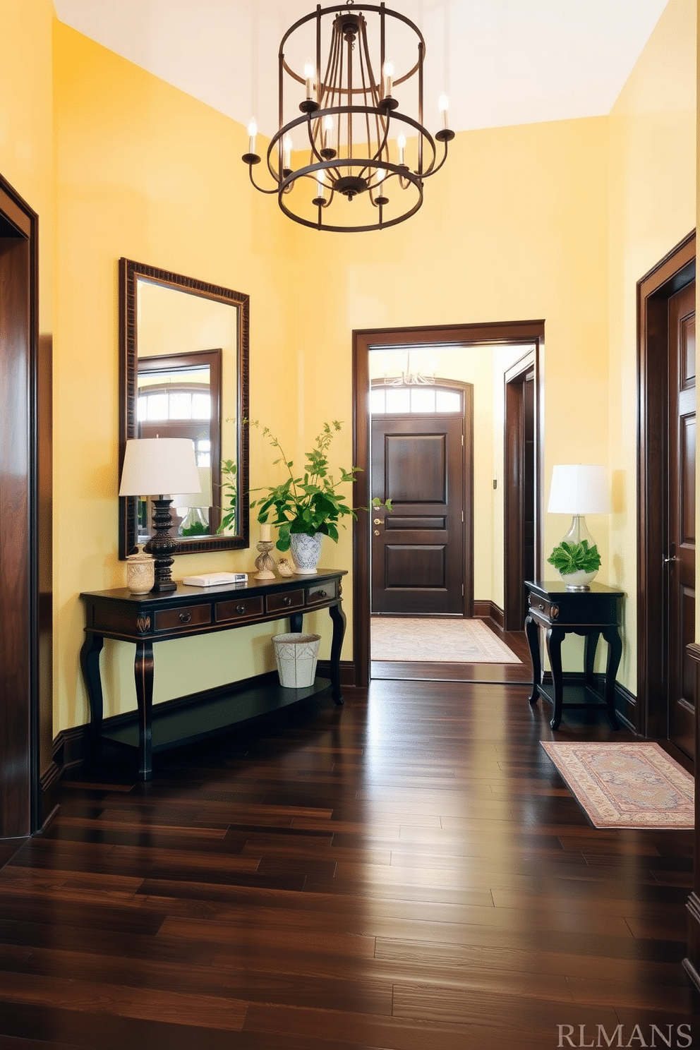 A bright foyer featuring soft yellow walls that create a warm and inviting atmosphere, complemented by rich dark wood accents throughout the space. The entrance is adorned with a stylish console table in dark wood, topped with decorative items and a vibrant plant, adding a touch of greenery to the design. The floor is finished with elegant, dark hardwood that contrasts beautifully with the yellow walls, enhancing the overall aesthetic. A statement chandelier hangs from the ceiling, providing both illumination and a focal point, while a large mirror with a dark wood frame reflects light and adds depth to the foyer.