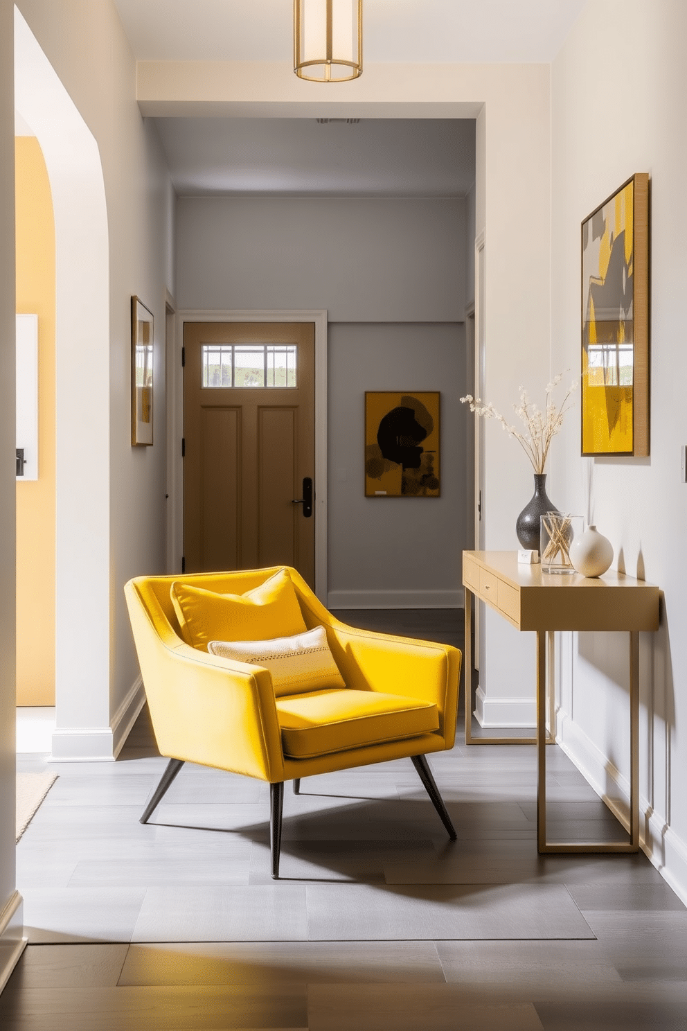 A striking yellow accent chair with a modern design sits prominently in the foyer, featuring sleek lines and a plush cushion that invites comfort. The surrounding space is illuminated by natural light, highlighting the chair's vibrant color against a backdrop of neutral walls. Incorporating yellow into the foyer design, the walls are adorned with subtle artwork that complements the chair, creating a cohesive look. A stylish console table in a complementary tone stands nearby, topped with decorative items that enhance the modern aesthetic.