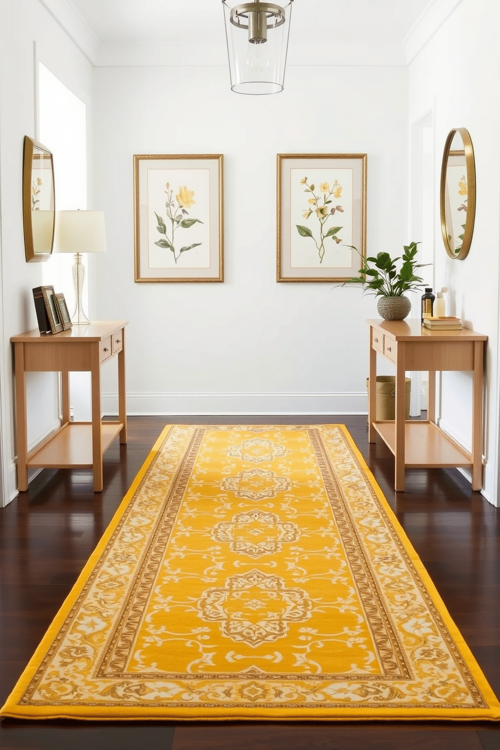 A vibrant yellow runner rug with intricate patterns lies elegantly in the foyer, drawing the eye and adding a cheerful touch to the space. The walls are painted a soft white, creating a bright backdrop that enhances the rug's vivid color and design. Flanking the runner, a pair of stylish console tables in a light wood finish provide a functional yet decorative element. Above the tables, framed artwork featuring botanical prints adds a touch of nature, complementing the warm tones of the rug and inviting guests into the home.