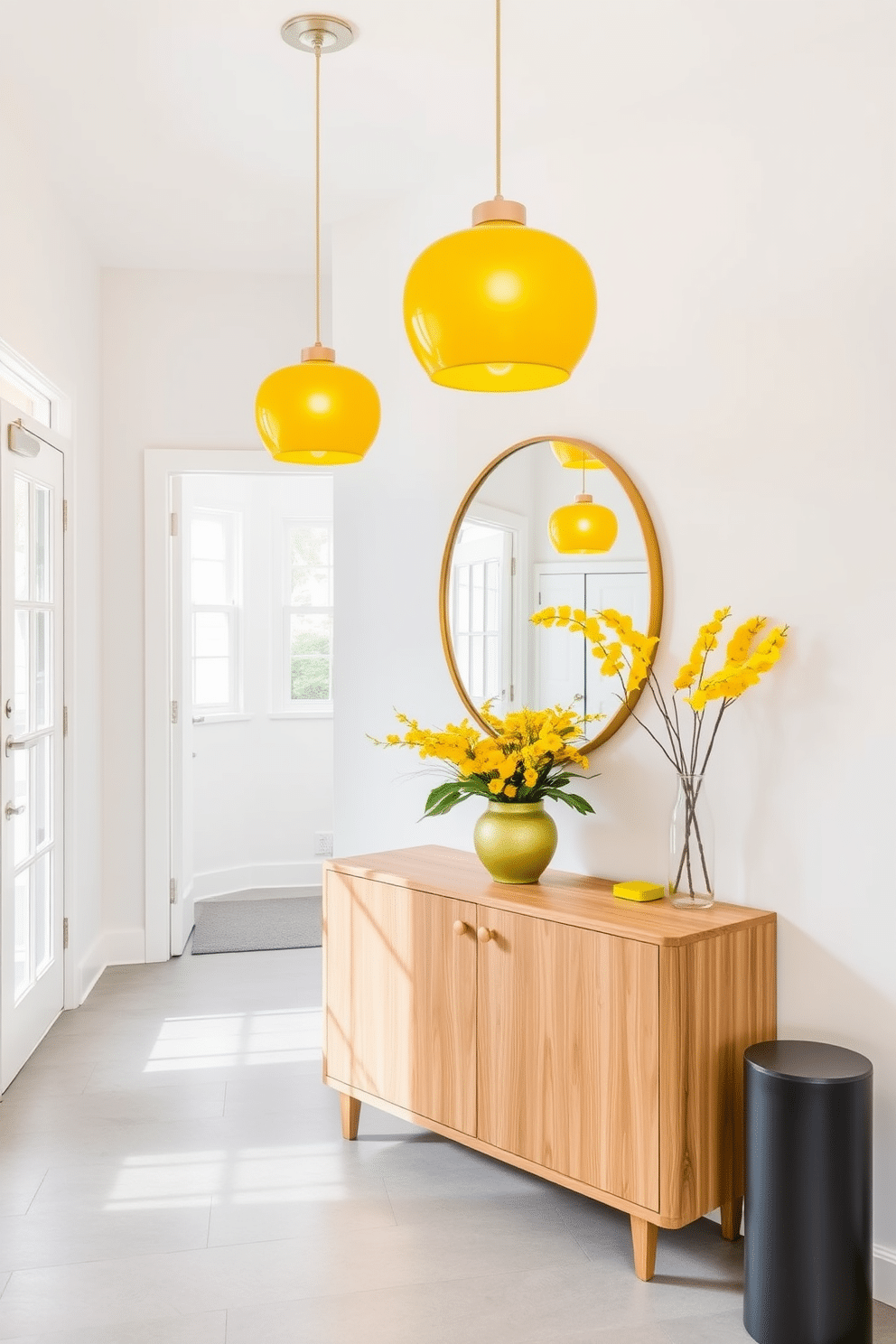 A bright and inviting foyer features sunshine yellow pendant lights that hang gracefully from the ceiling, casting a warm glow throughout the space. The walls are painted in a soft white, enhancing the light and airy feel, while a sleek console table in natural wood adds a touch of elegance. The floor is adorned with a light gray tile that complements the cheerful yellow accents, creating a harmonious balance. A large round mirror with a gold frame reflects the vibrant lights, making the foyer feel more expansive and welcoming.