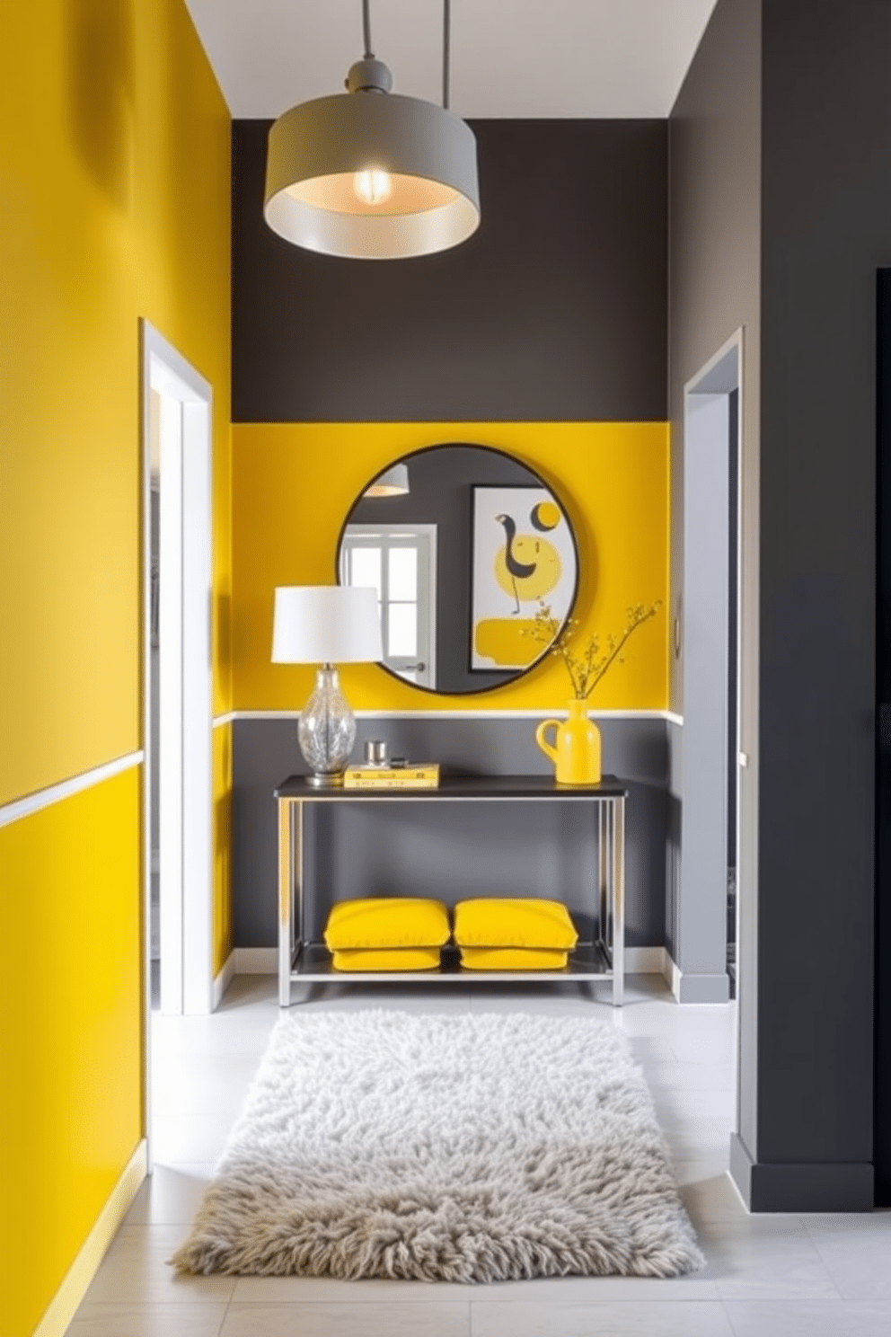 A striking foyer featuring a yellow and gray color-blocked wall design that creates a modern and inviting atmosphere. The yellow section of the wall is bright and cheerful, while the gray adds a sophisticated contrast, complemented by a sleek console table below a stylish mirror. Incorporate vibrant yellow accents through decorative elements like a plush area rug and artwork that enhances the overall aesthetic. The foyer is illuminated by a contemporary pendant light, casting a warm glow over the space and highlighting the bold color choices.