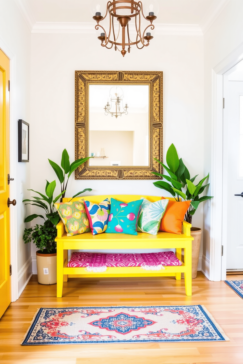 A cheerful yellow bench is positioned in the foyer, adorned with an array of colorful cushions that add a playful touch. The walls are painted in a soft white, creating a bright and inviting atmosphere, while a stylish rug adds warmth underfoot. The foyer features a large mirror with a decorative frame, reflecting natural light and enhancing the space. Potted plants are placed strategically to bring a touch of greenery, complementing the vibrant yellow bench and cushions.